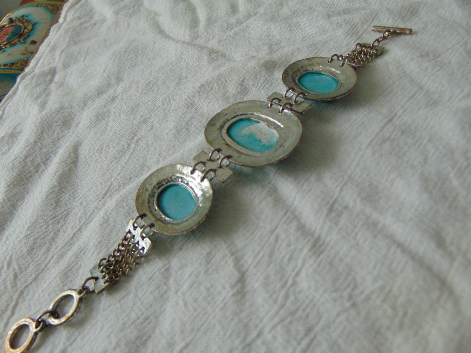 vintage silver blue oval stones toggle closure bracelet Southwest look
