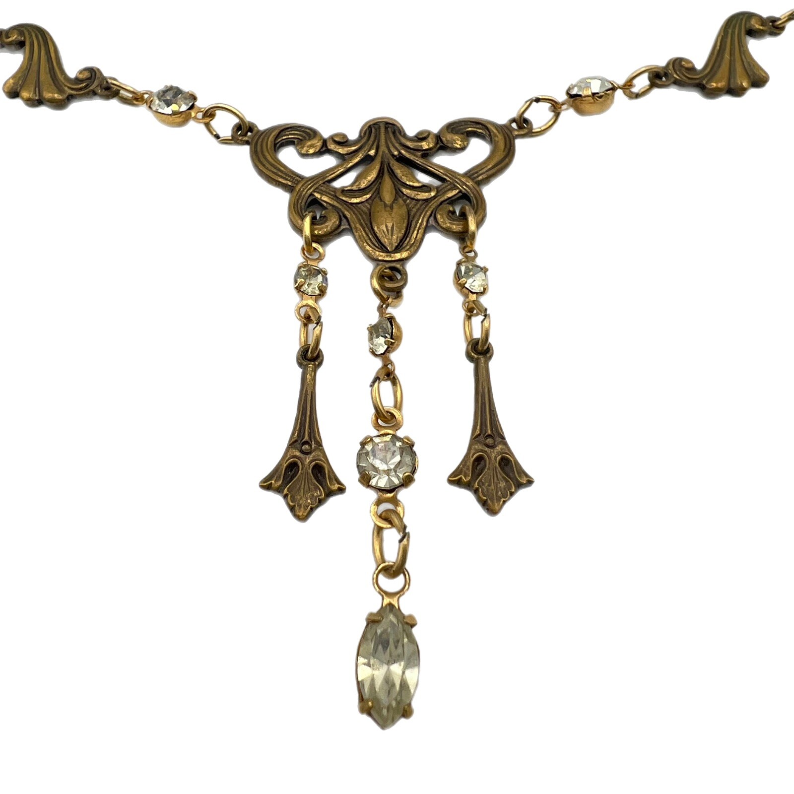 Vintage Sadie Green Dangle Drop Rhinestone Chandelier Chain Necklace Gold Tone