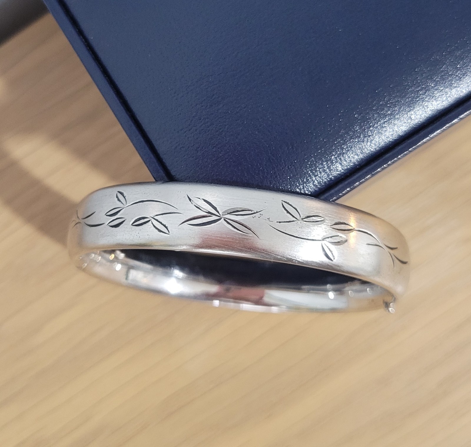 Vintage Sterling Silver H.F.B. Hinged Bracelet Etched Floral Brushed Finish