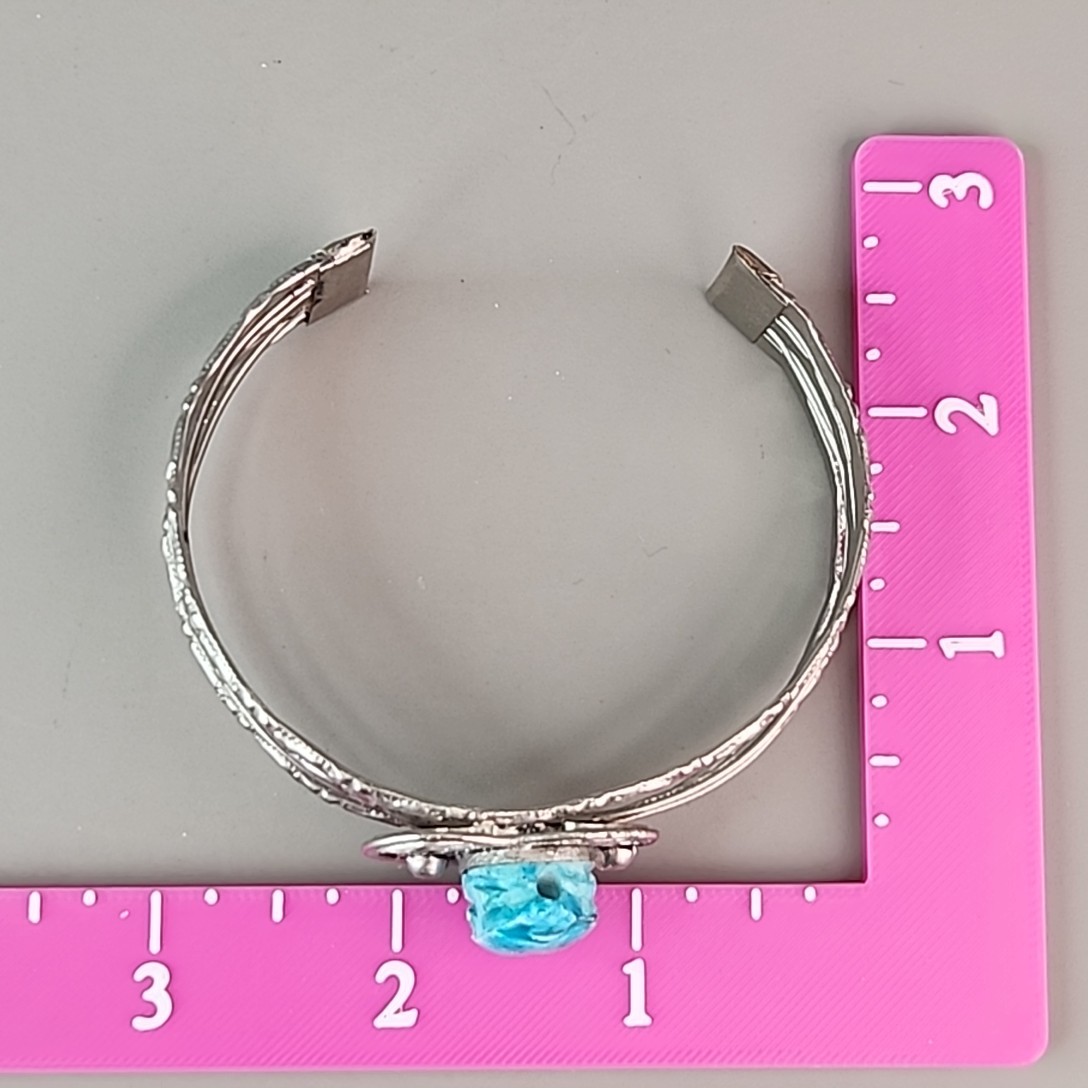Scarab Cuff Bracelet Faience Blue Clay Wire Heart Silver Tone 7.75″