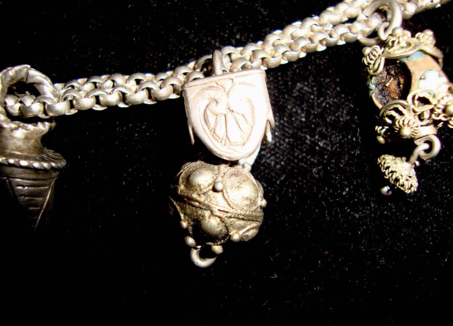 Sterling Silver Etruscan Bali Filigree Fob Charm Rolo Link Double Chain Bracelet