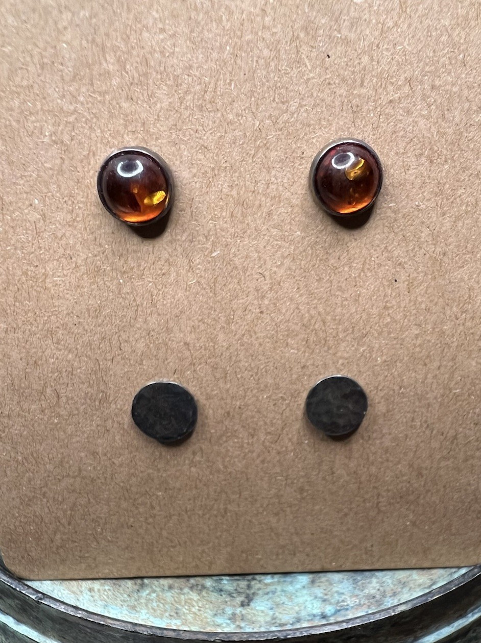VTG 925 Sterling Silver Marcasite Heart Round Amber Stud Earrings Set
