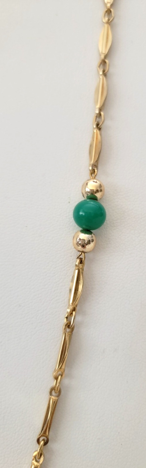 Vintage Green Peking Glass Beads Station Gold Tone Bar Link Chain Necklace 32″ L