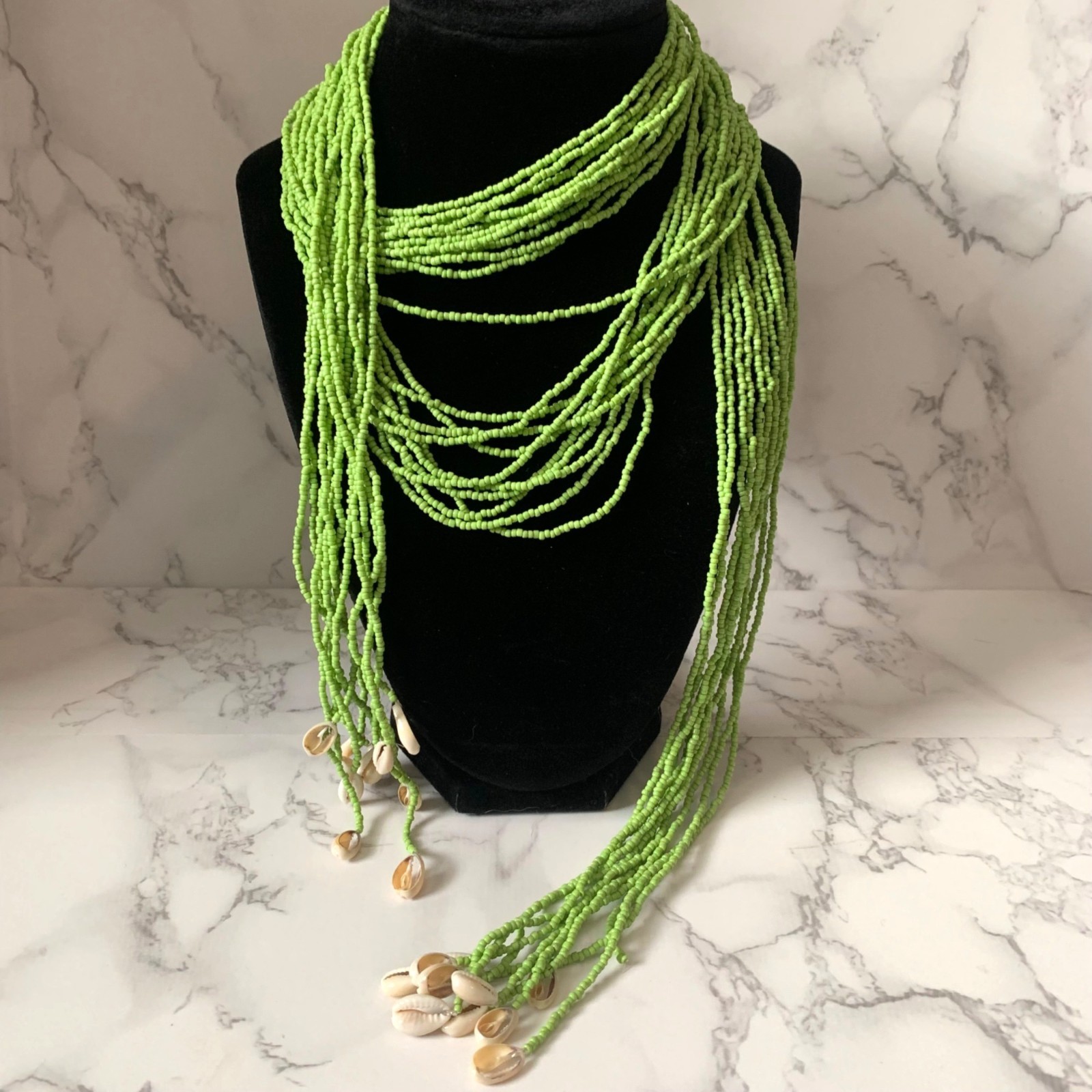Handmade Wrap Scarf Necklace Multi-Strand Green Glass Beaded Shell Beach 60″ Vtg