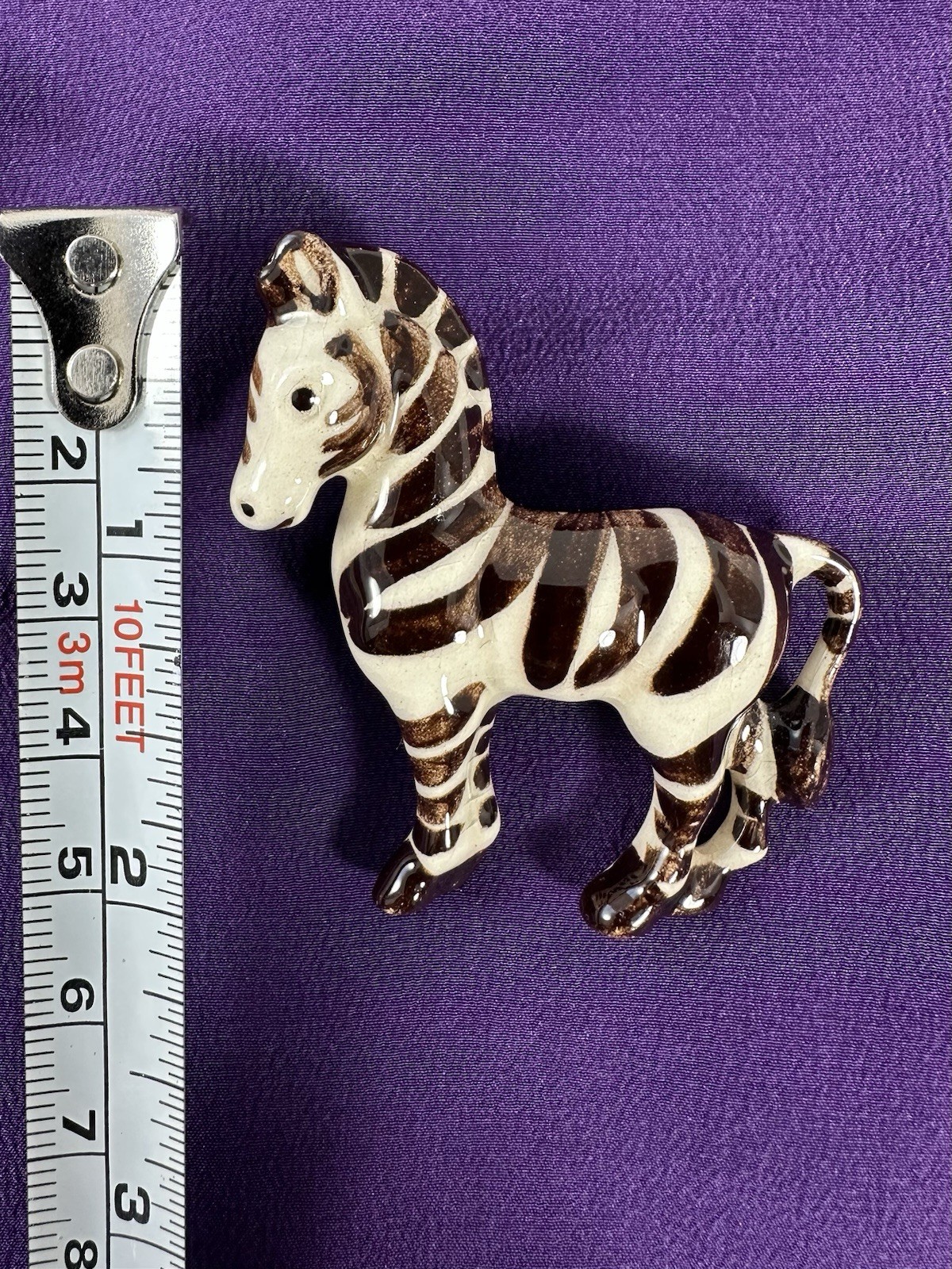 Vintage Beachstone Ceramic Zebra Brooch Pin Brown White