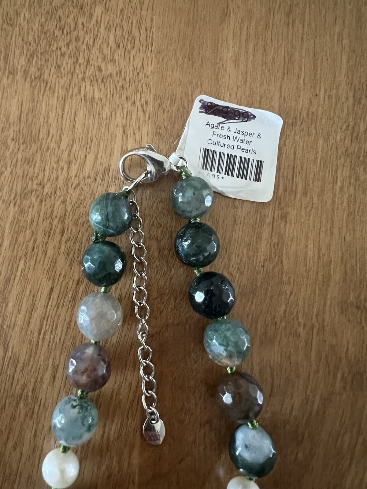 Vintage Artisan Agate & Pearl Necklace w/ Green Spot Jasper and Sterling Clasp