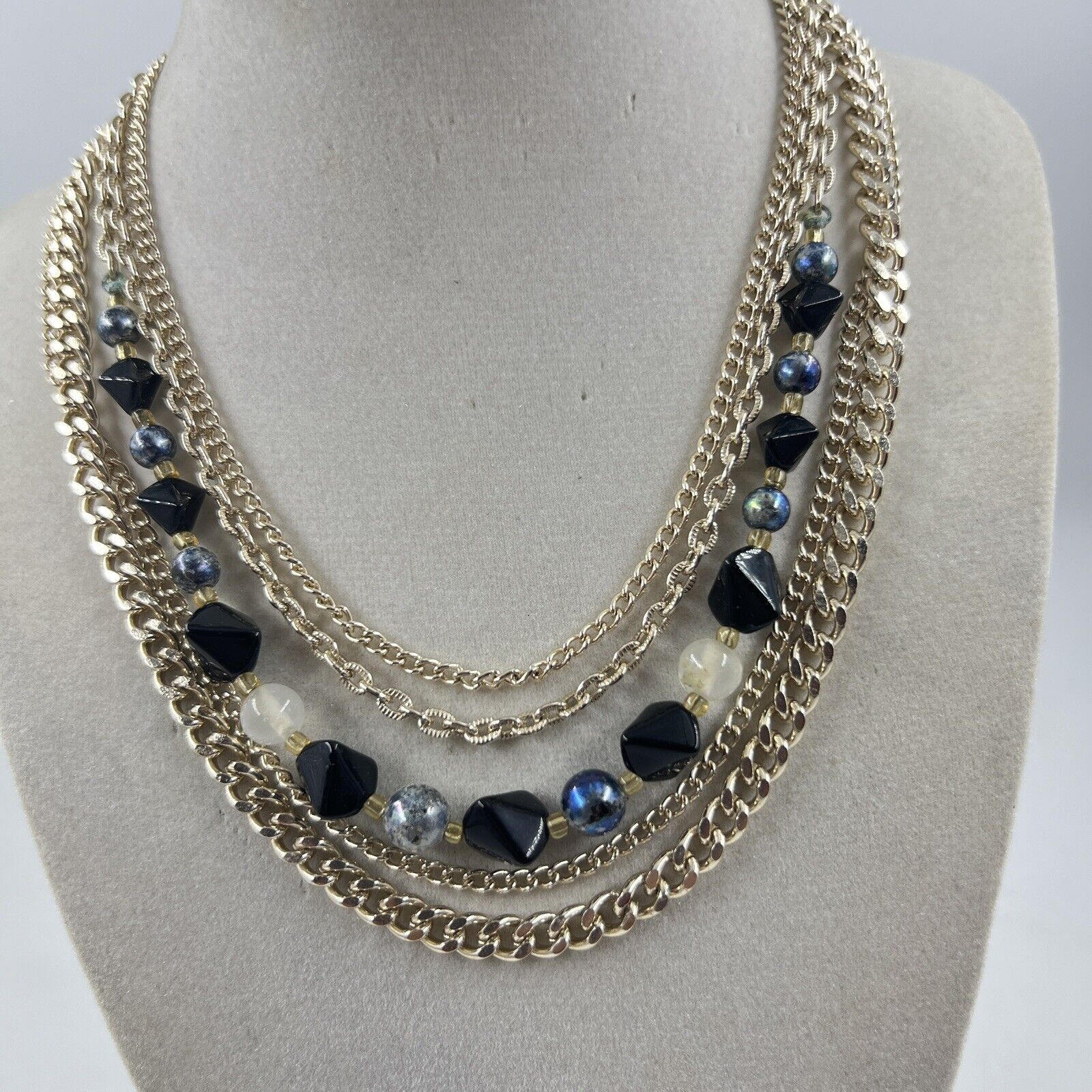 Vintage Japan Multi Strand Glass Bead And Chain Necklace Gold Black Gray