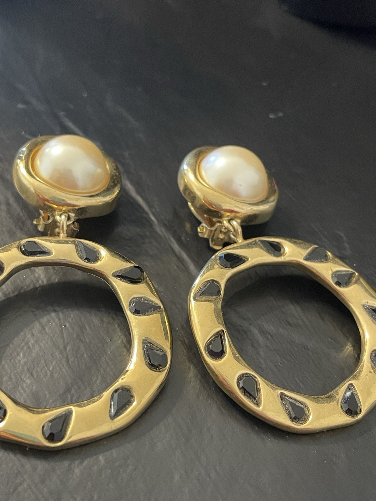 Givenchy Vintage Hoops Earrings Gold Pearl Drop Dangle Black ‘Onyx” Clip Ons