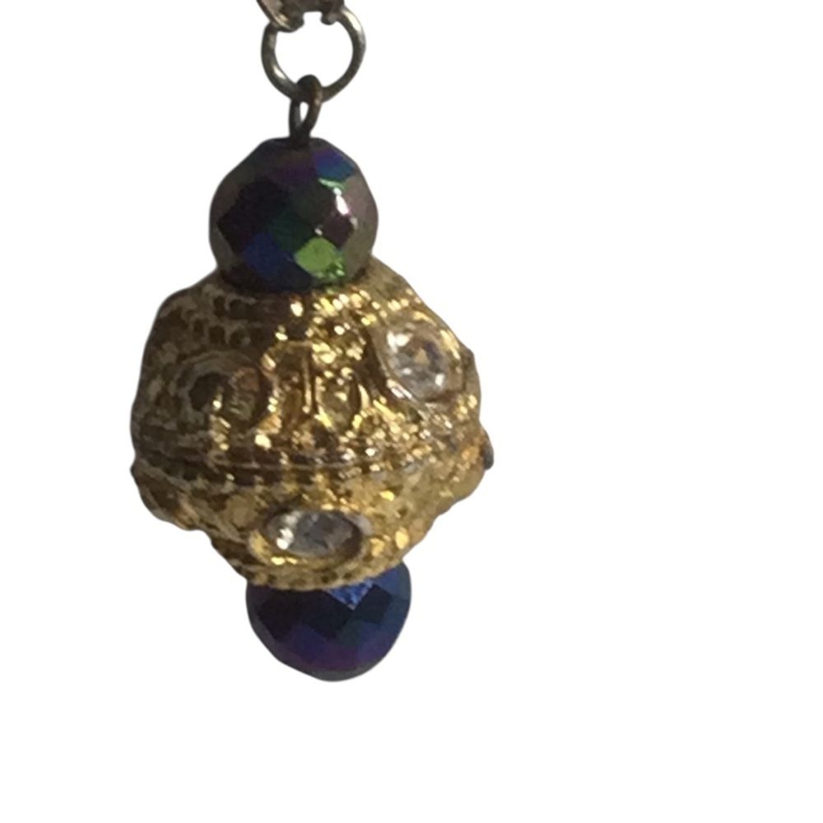 Vintage Pendant Necklace Peacock Glass Beads Gold Tone Bar Link Chain