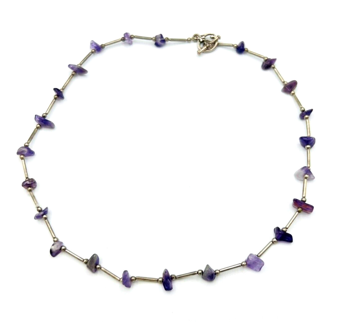 Vintage Purple Amethyst Chip Silver Tone Tube Bead Necklace 17 in