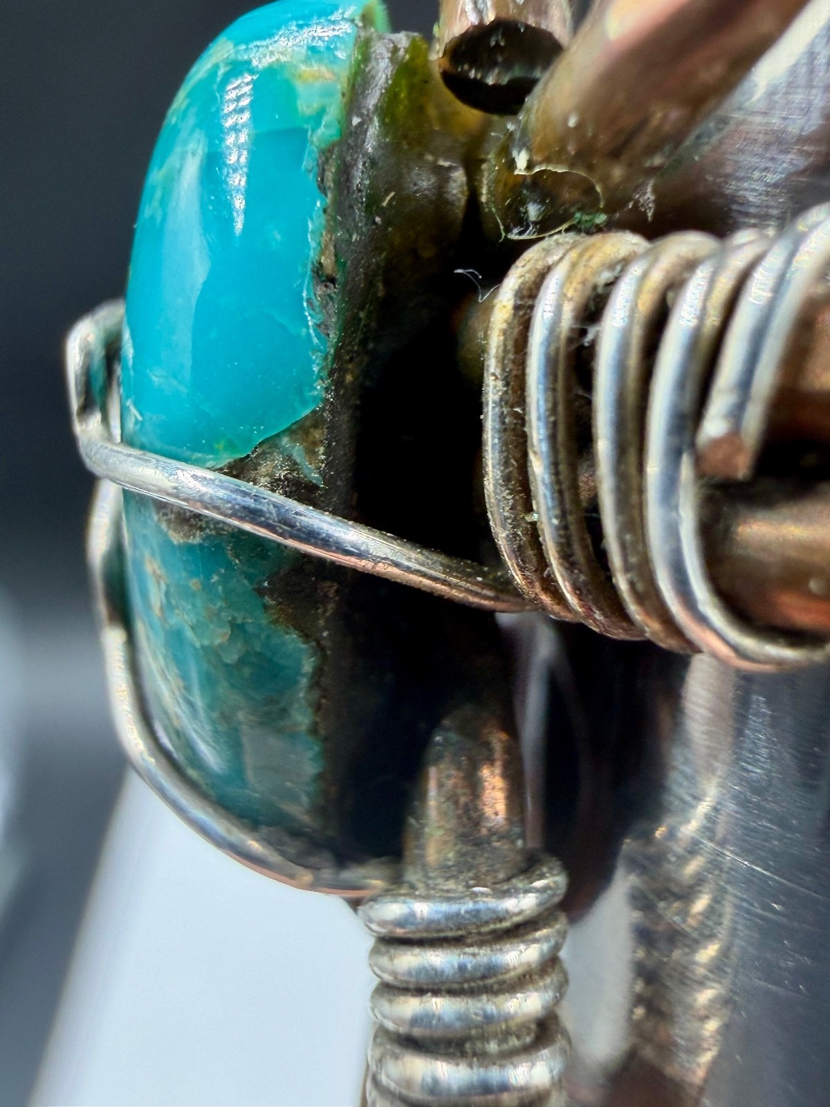 Artisan Mixed-Metal Copper Turquoise Wire Sterling Silver Wrapped Ring Sz 6