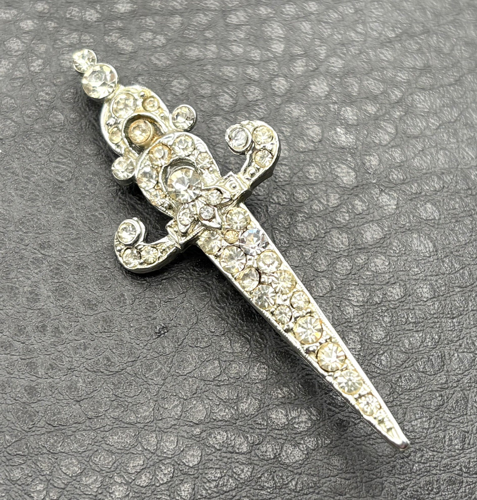 Vintage 1940s 50s Rhinestone Scimitar Sword Dagger Brooch Pin Silver Tone Coro?