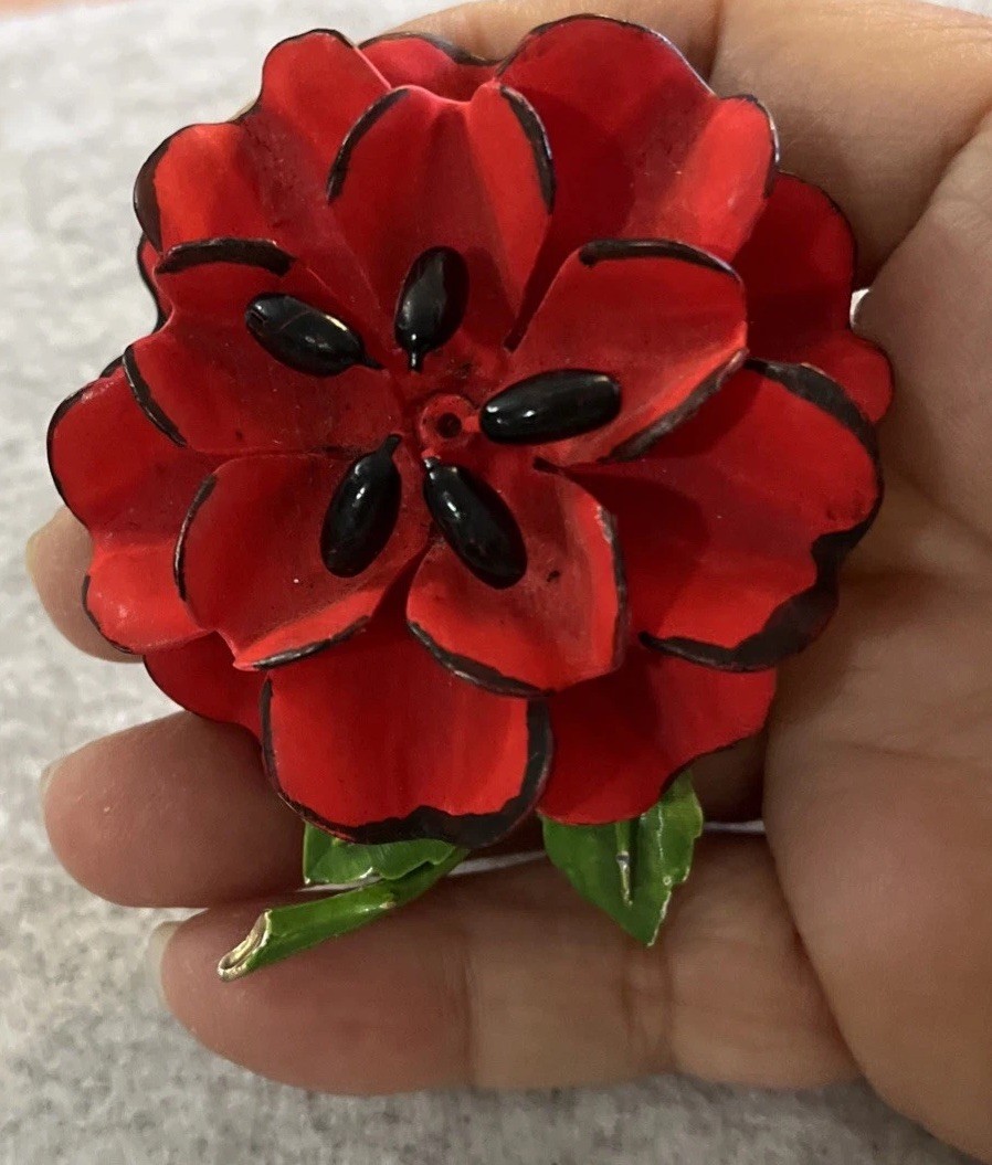 Vintage 1960s Red Enamel Poppy Flower Brooch Pin Mod Retro Boho Unsigned