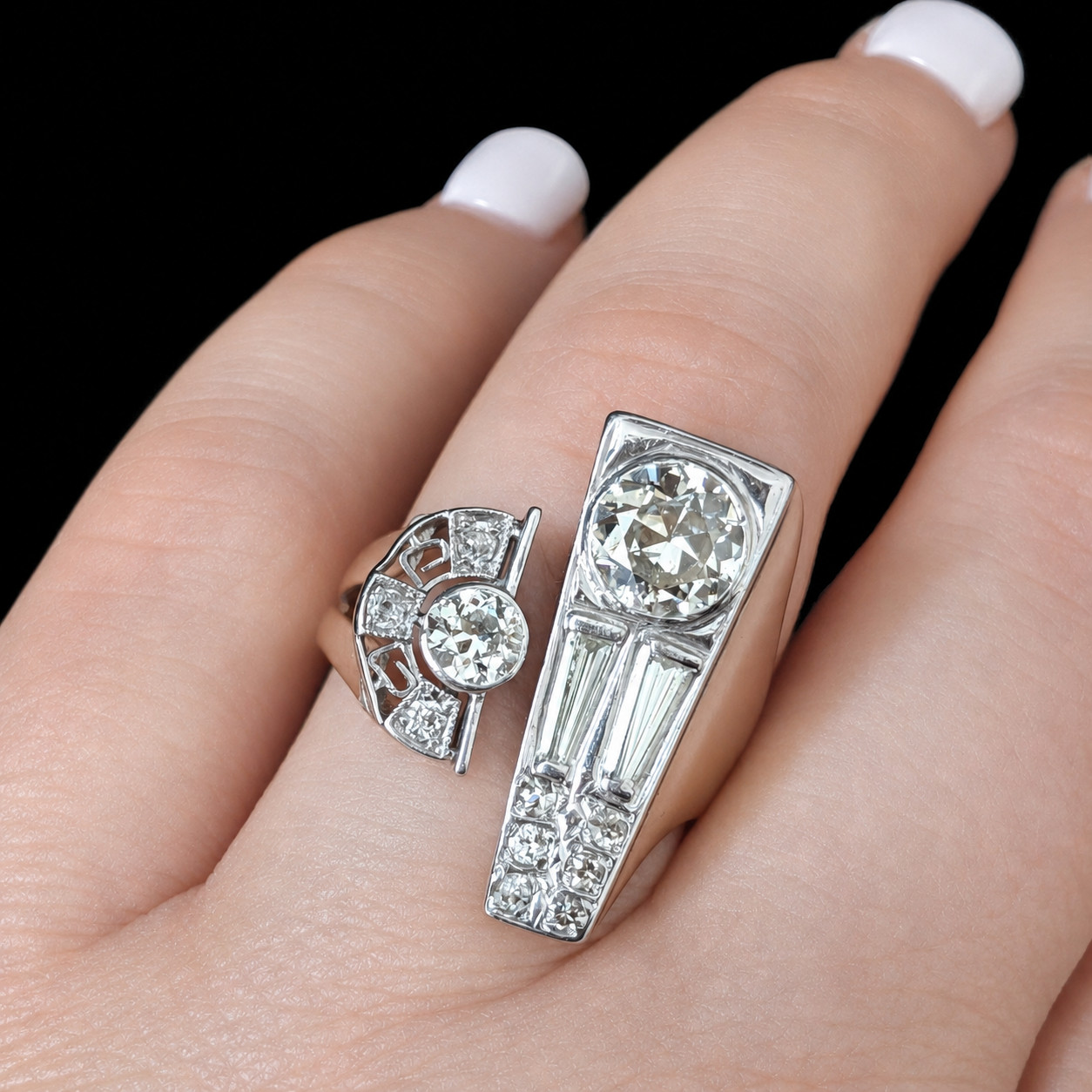 1940s Old European Cut Diamonds 14k Gold Platinum Cocktail Ring Vintage Retro