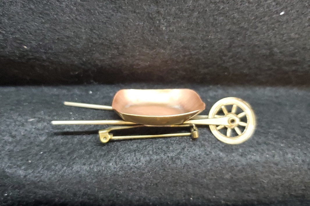 Vintage Brass & Metal Wheelbarrow Brooch Pin 3.25” x 1.25” Collectible Novelty