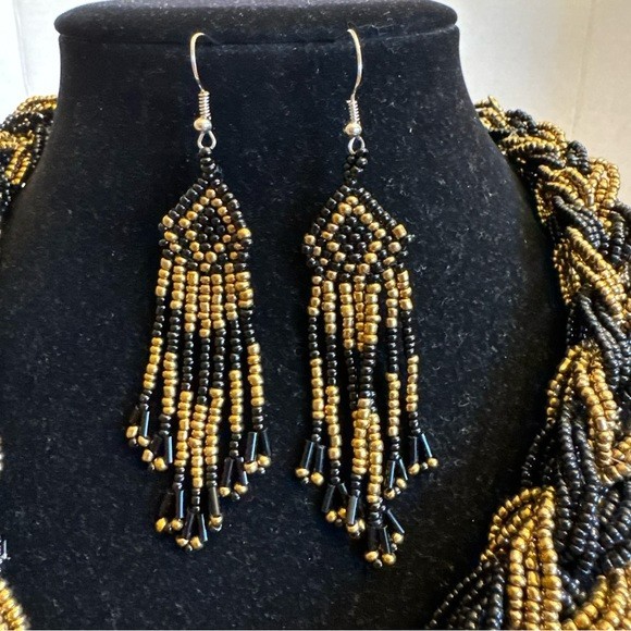 Vintage Multistrand Braided Chunky Beaded Statement Choker Necklace Earring Set