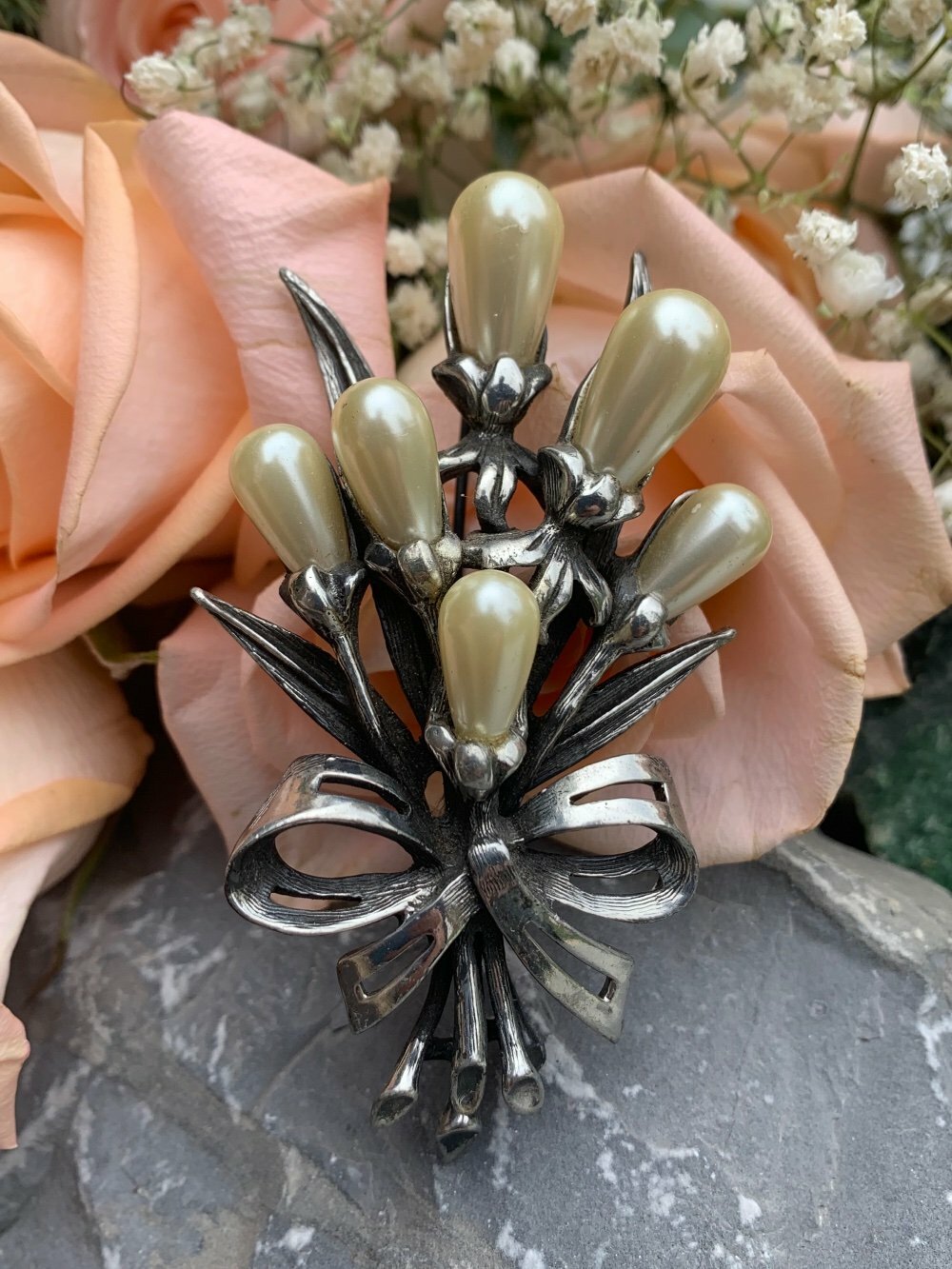 Vintage Signed Ravana Faux Pearl Floral Bouquet Designer MCM Mod Brooch / Pin