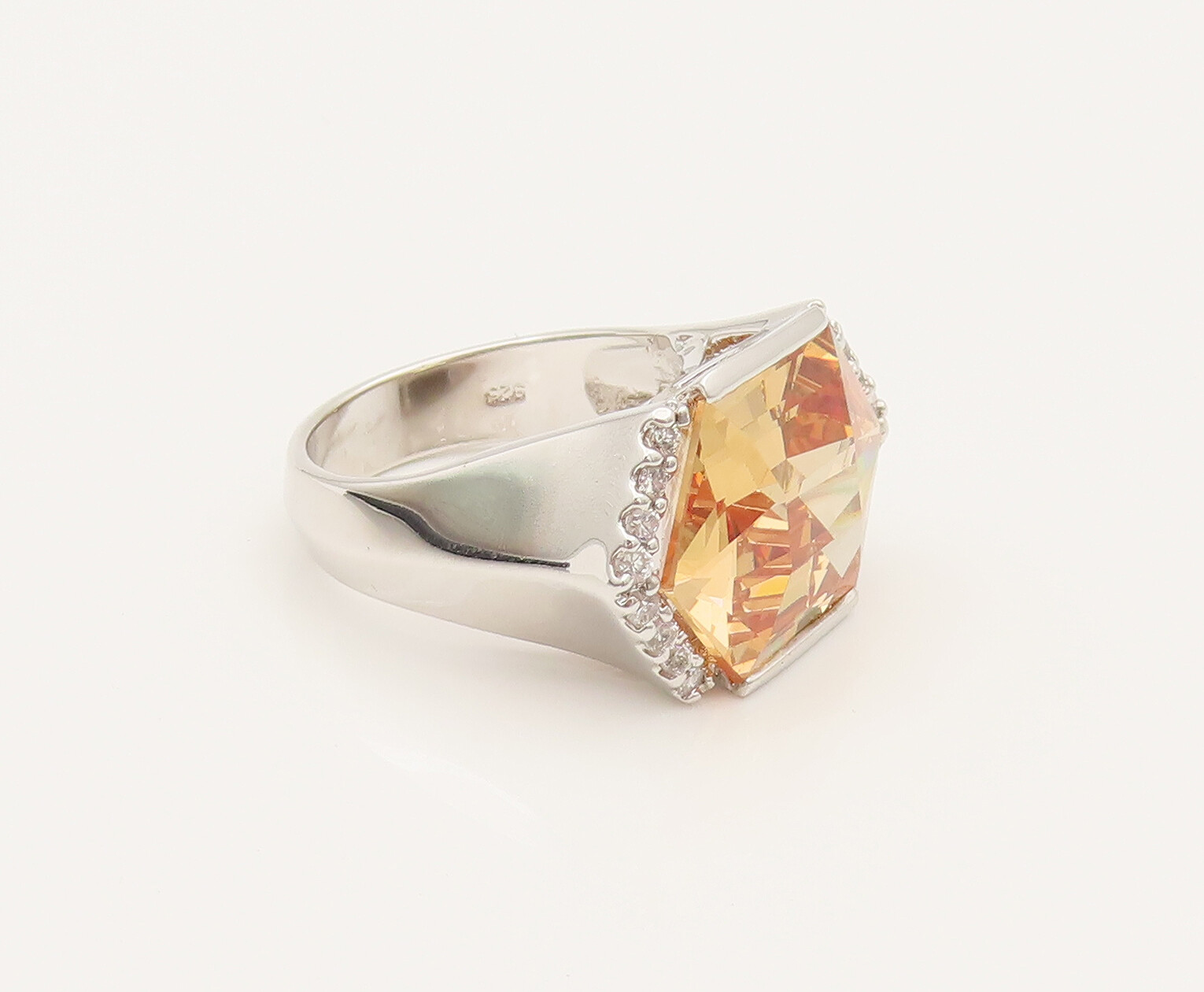925 Silver Vintage Hexagon Citrine & Cubic Zirconia Ring Sz 10 RG26344