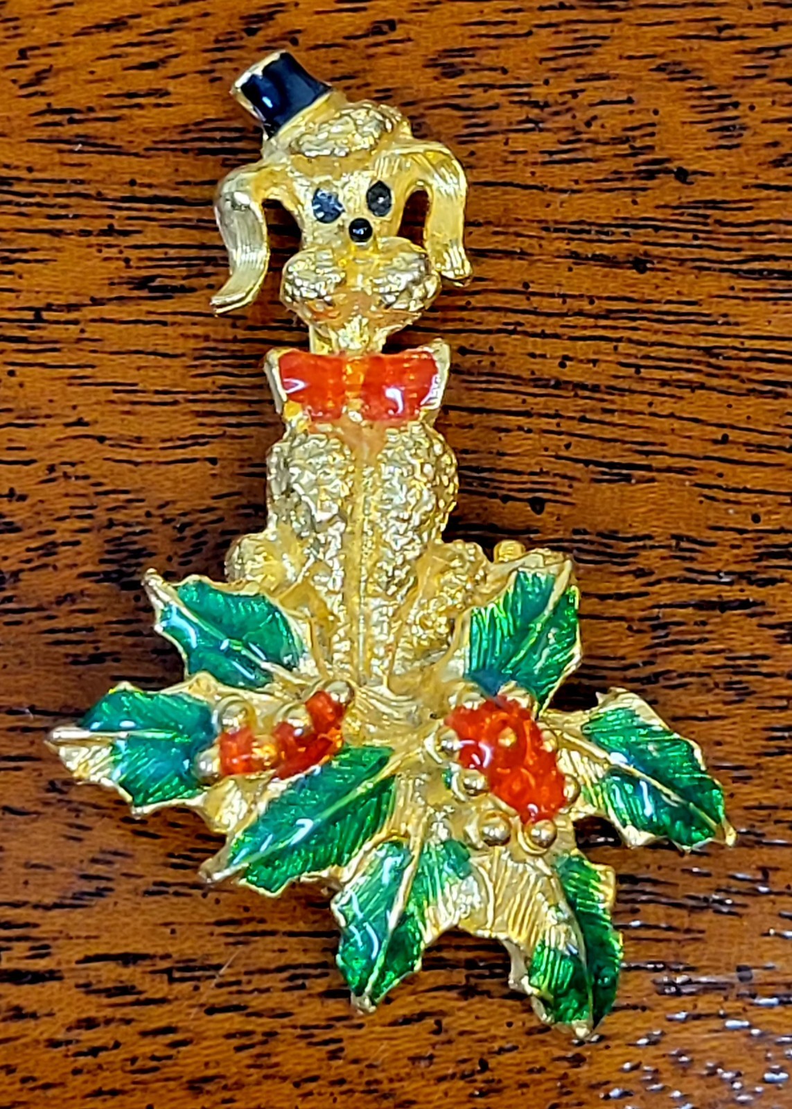 Vintage 1950’s Gold-Tone Christmas Poddle Brooch With Enamel Approximately 2″