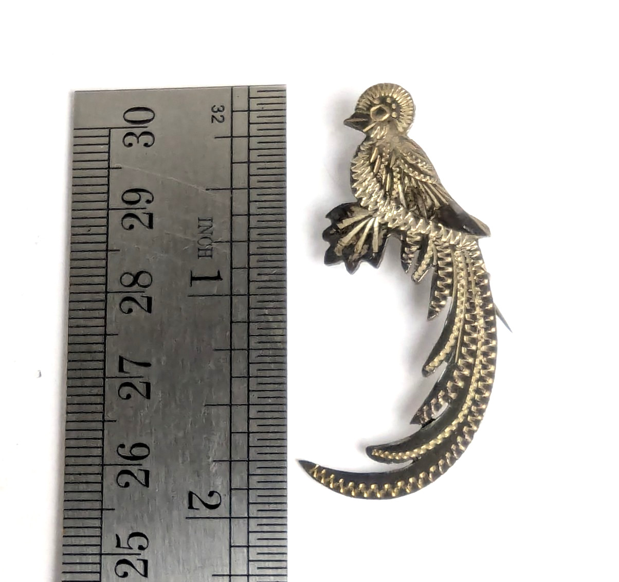 Vintage Guatemala Quetzal Bird 900 Sterling Silver Pin Brooch Hand Etched 2″