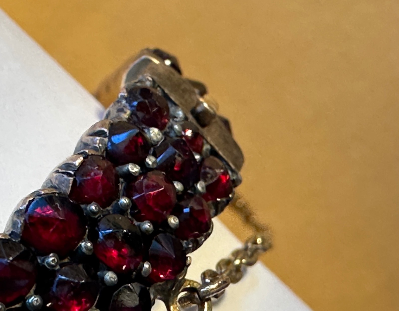 Antique rose cut Garnet & Silver bangle Hinged w/safety chain (see cond.)