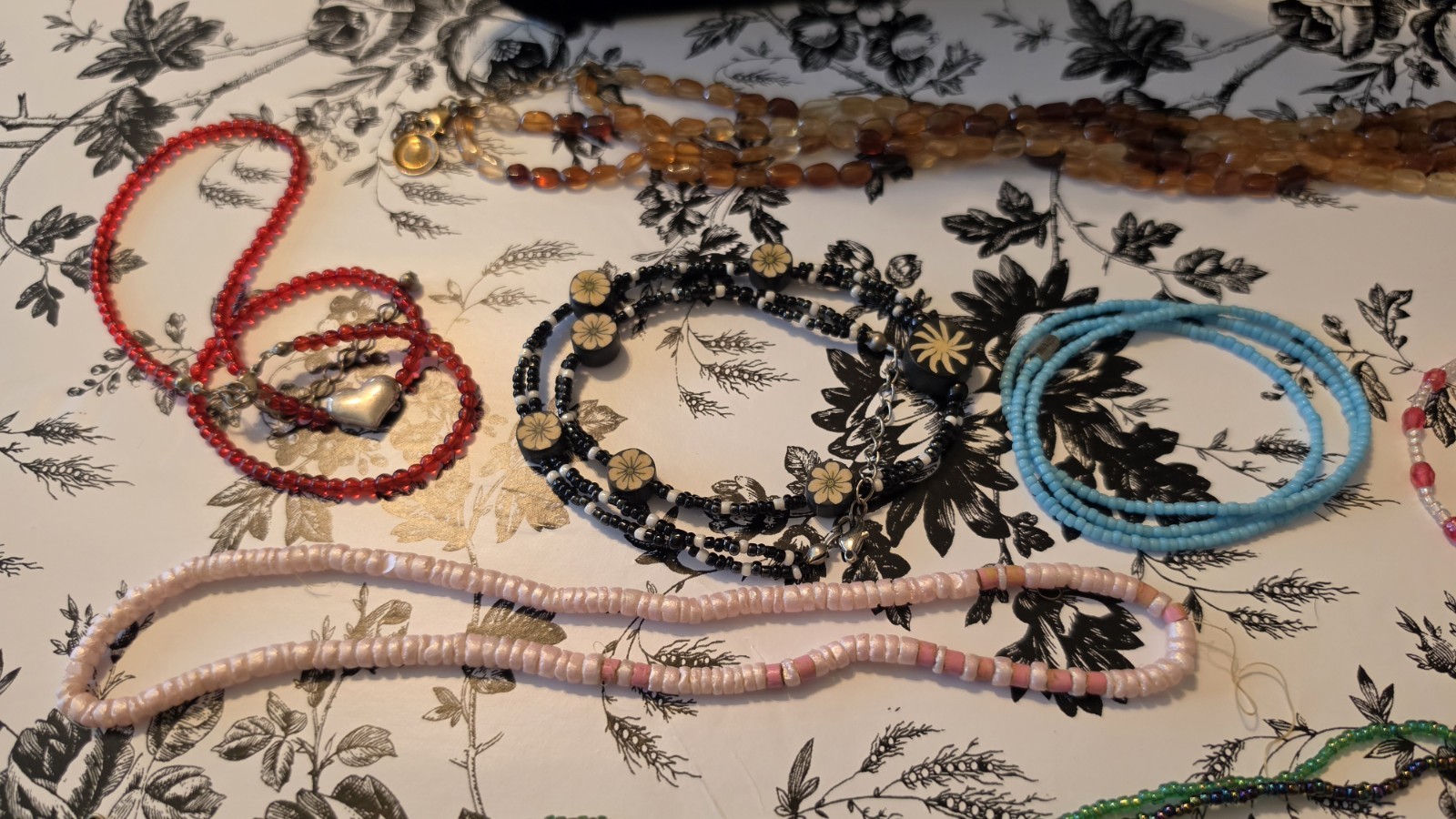 10 Vintage-Now Seed Bead Necklaces. Pink, Brown, White, Green & Lavender