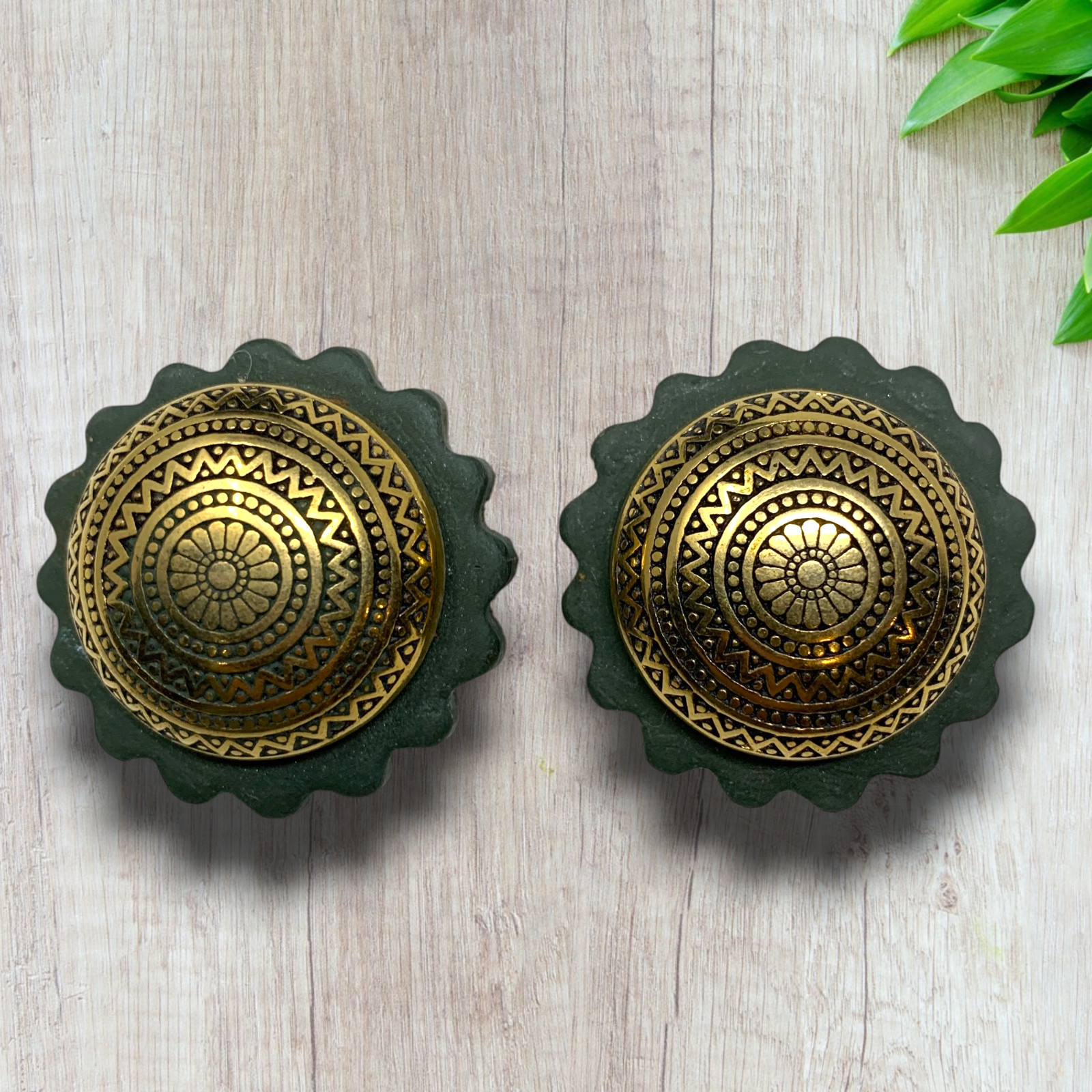 Vintage 1980’s Gold Domed Byzantine Green Cork Earrings Clip On Bohemian Morocco