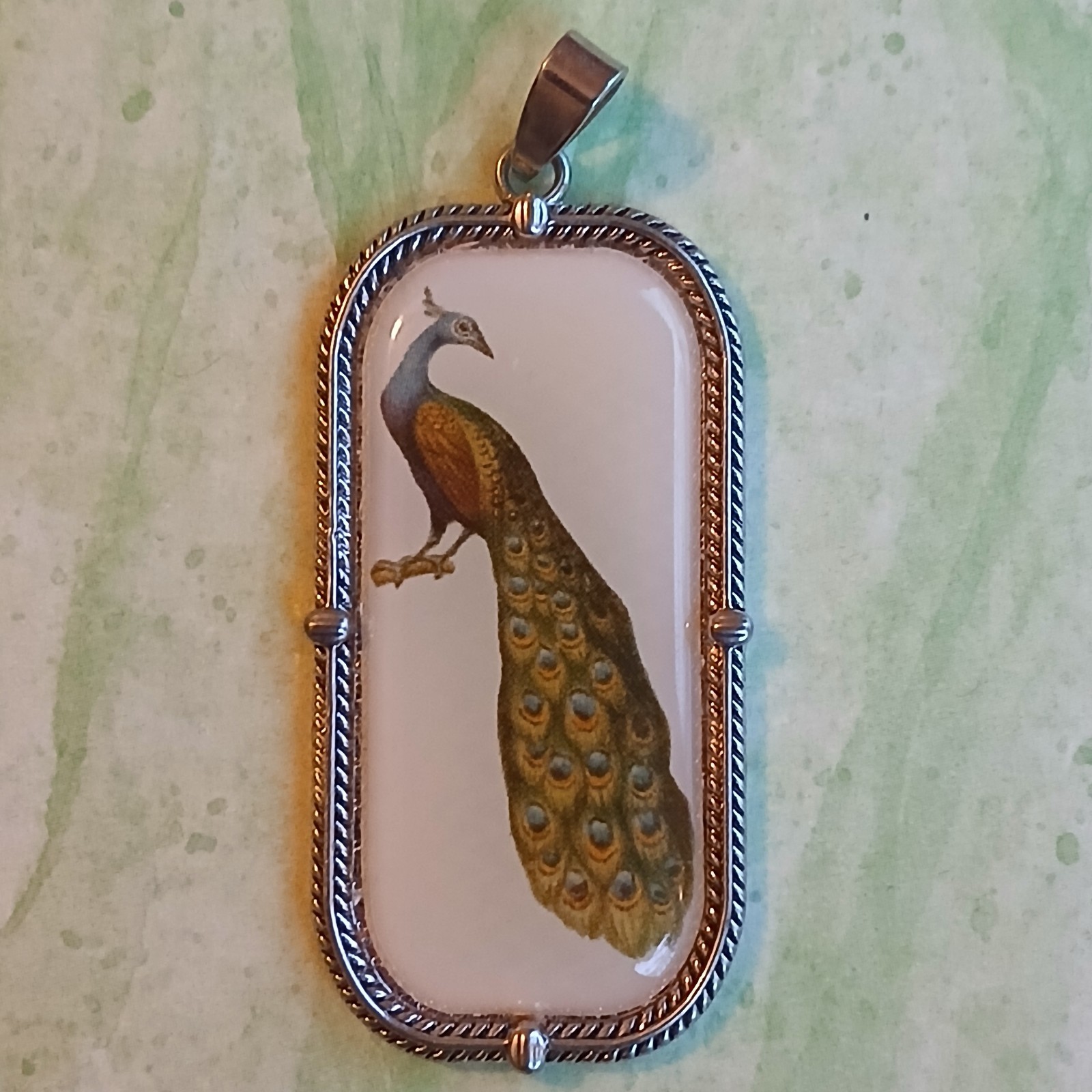 Vintage Pretty Peacock Bird Pendant Ceramic Rectangle Silver Tone 1 × 2 Inches