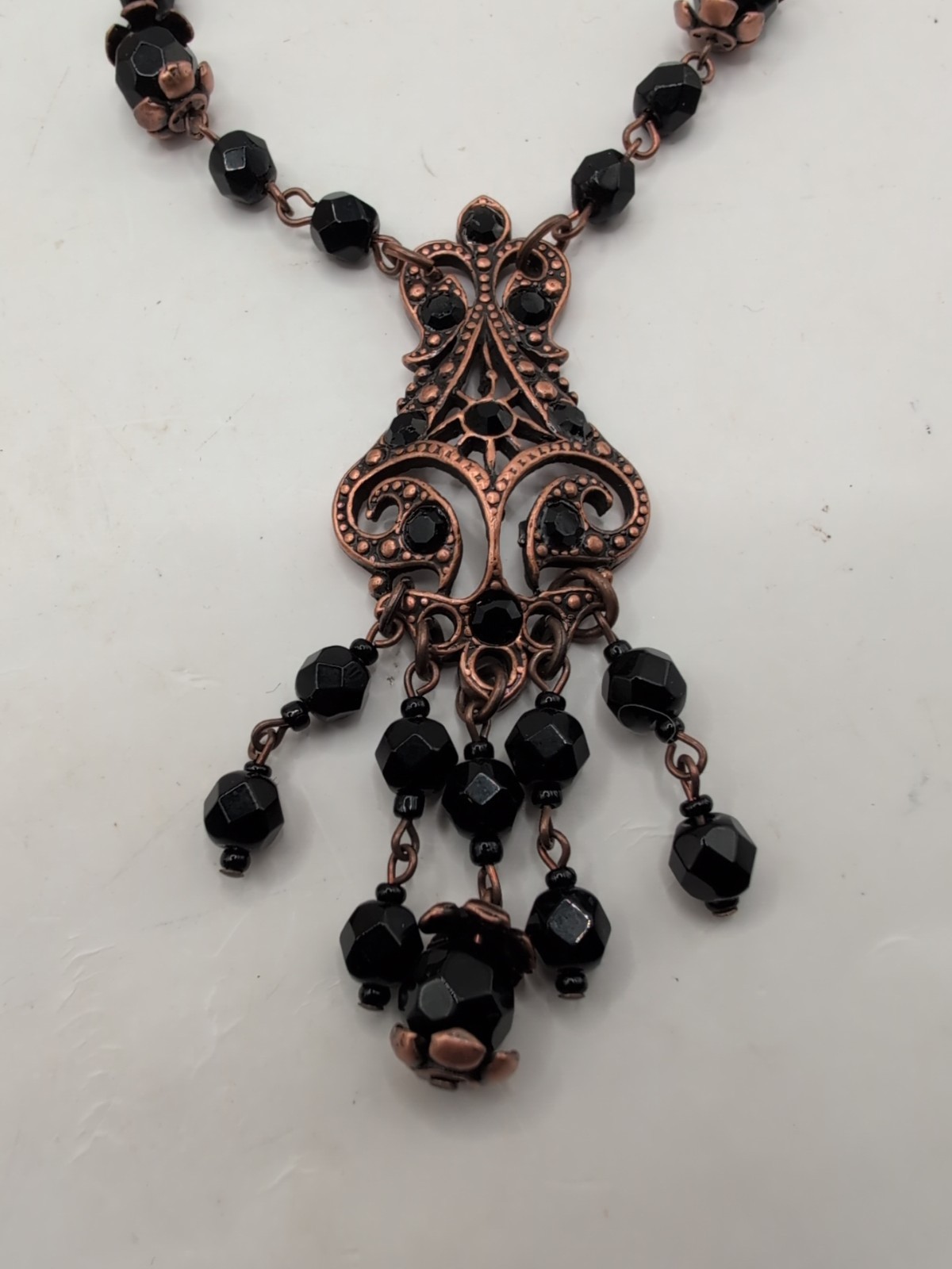 Victorian Revival Copper & Black Beaded Pendant Necklace 24″