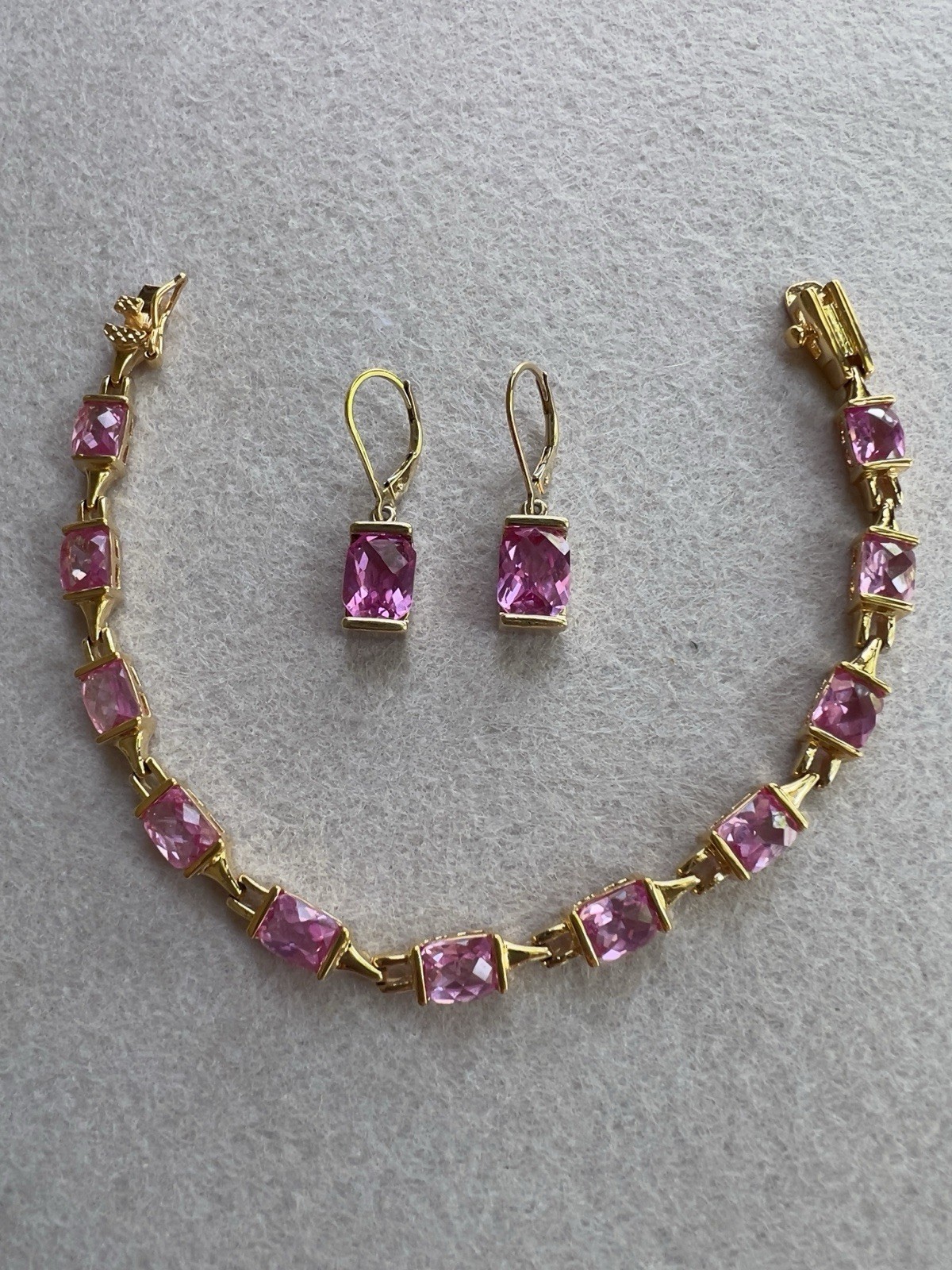 Vintage Sterling Silver Vermeil & Cushion Cut Pink Quartz 7” Bracelet & Earrings