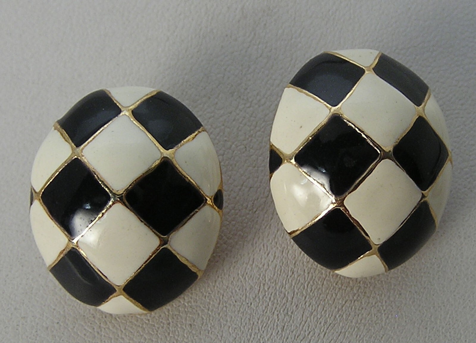 Vintage Gold Tone Gay Boyer Black-White Checkerboard Enamel Domed Oval Earrings