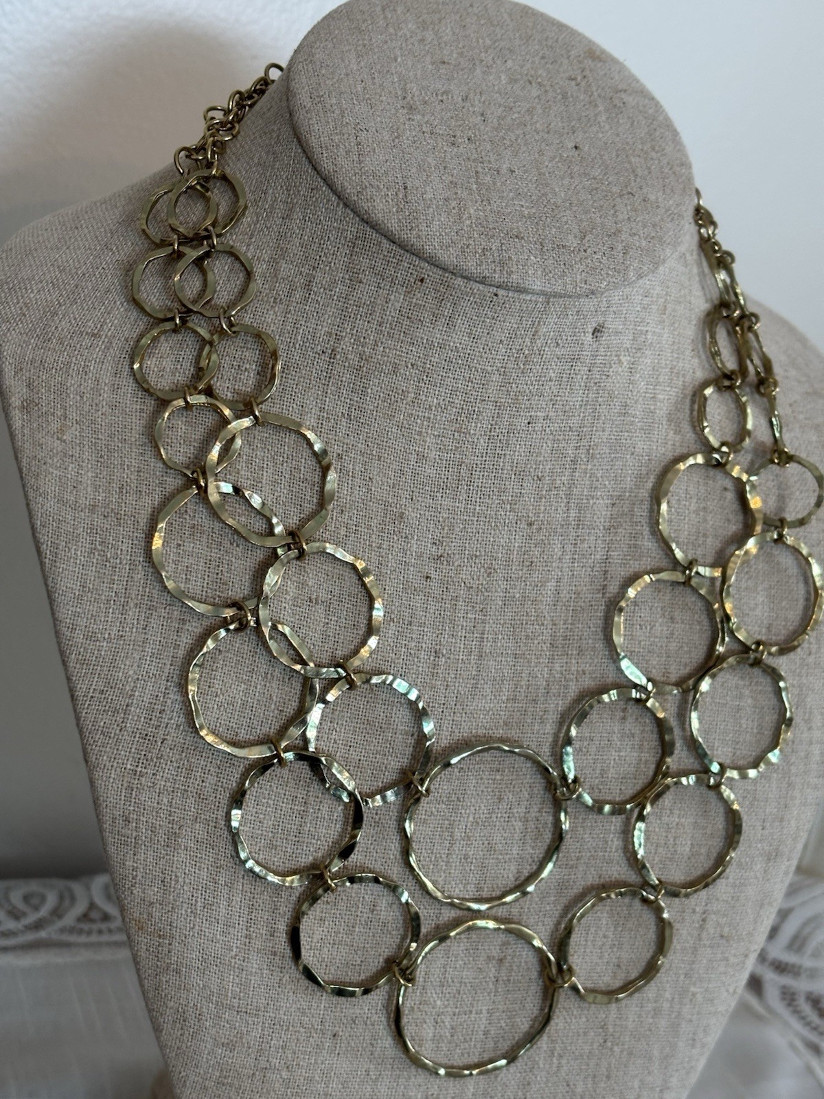 Vtg Retro 2 Strand Open Hammered Gold Plate Circle Necklace Lobster Claw Clasp