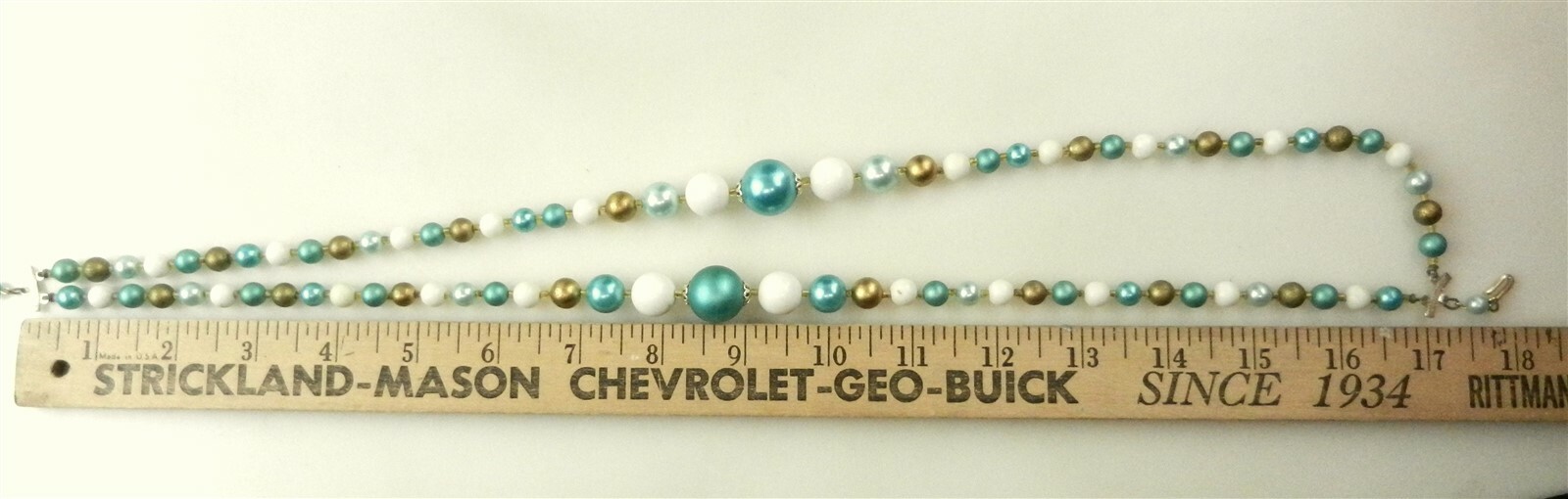 Vtg Double Strand Necklace w/Earrings Teal/White/Gold Japan 1960’s Clip-on S04B