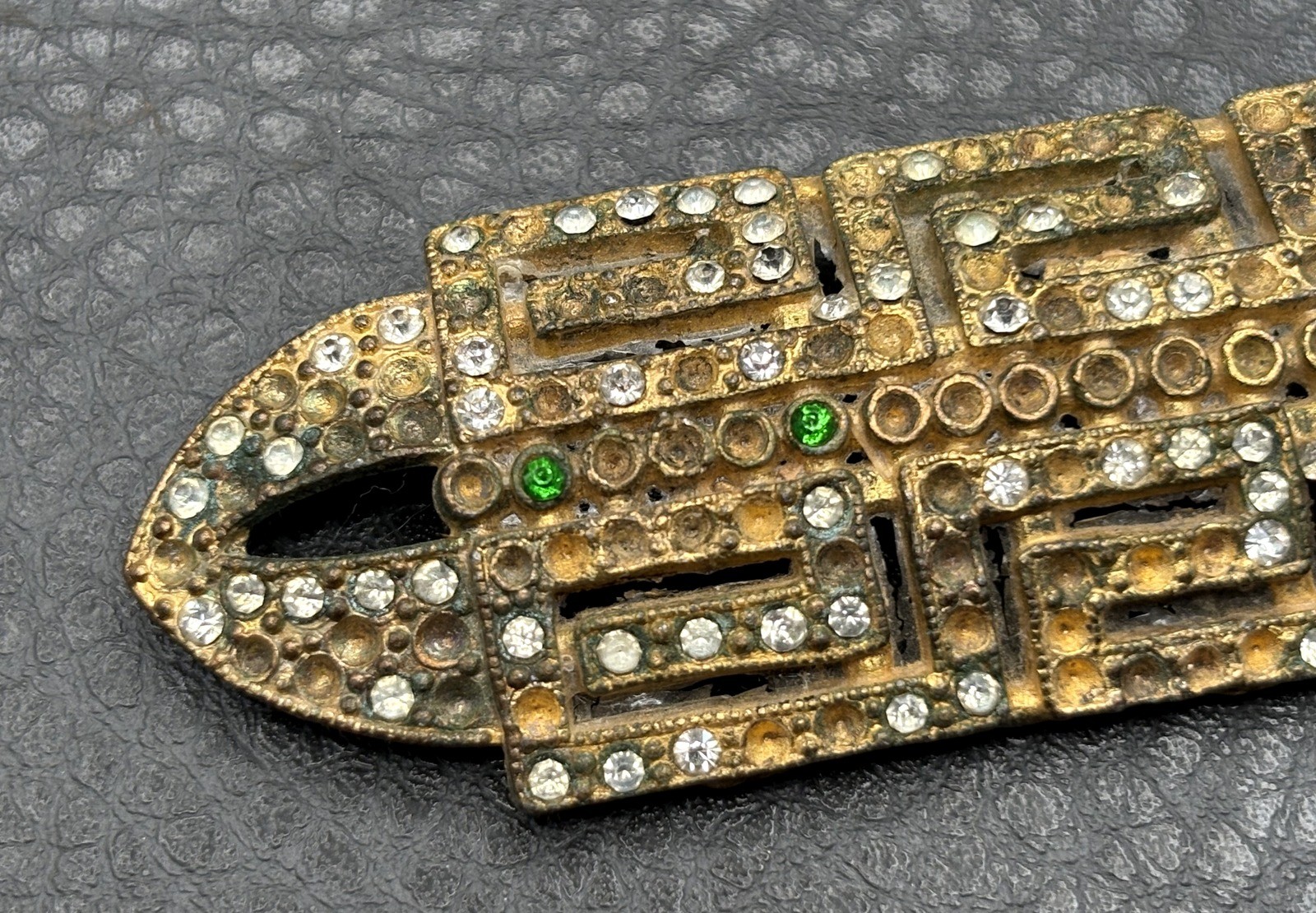 APEX Art Deco Rhinestone Gold Tone Pot Metal Dress Clip Brooch Vintage READ