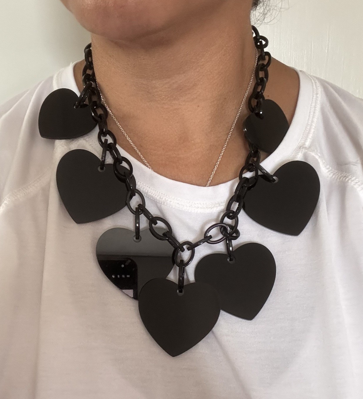 Vintage Marion Godart Large Dangling Black Hearts Statement Necklace 22″