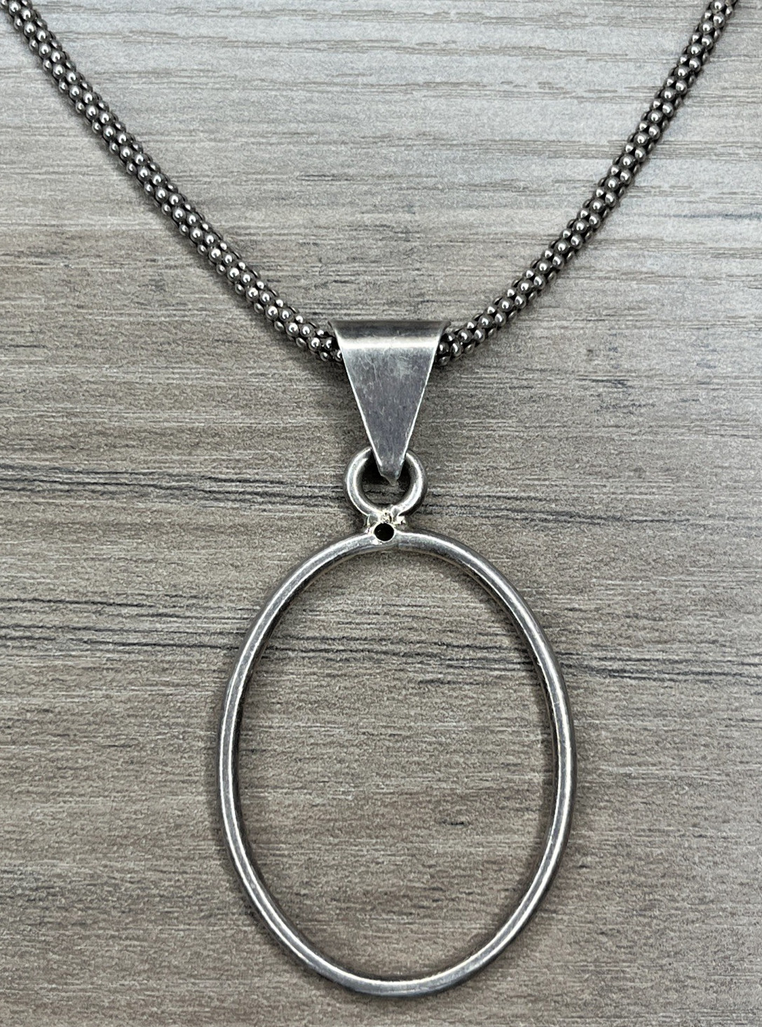 VTG Modernist Sterling 925 Popcorn Chain Necklace & Oval Openback Bezel Pendant