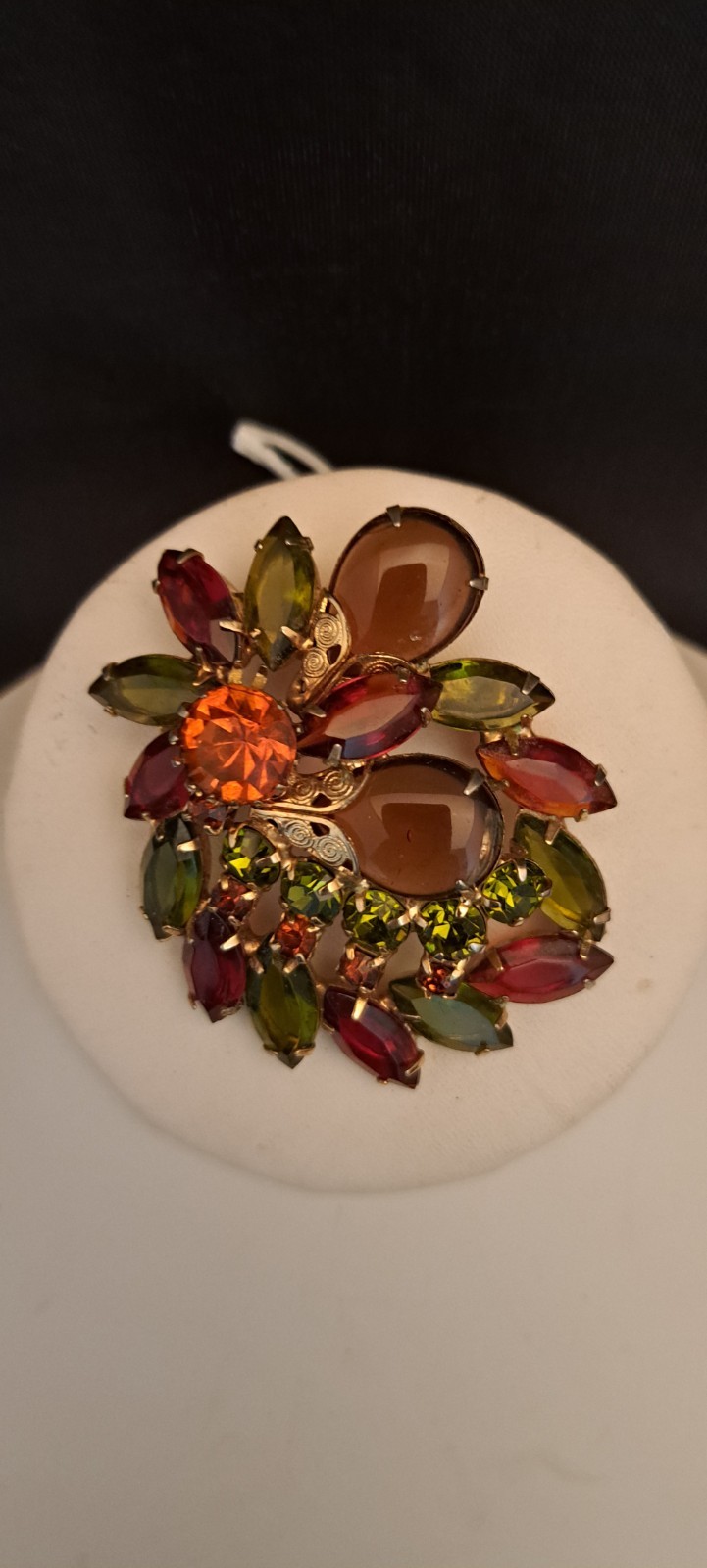Vintage Designer? Topaz Orange Green Gold Glass Rhinestone Statement Brooch