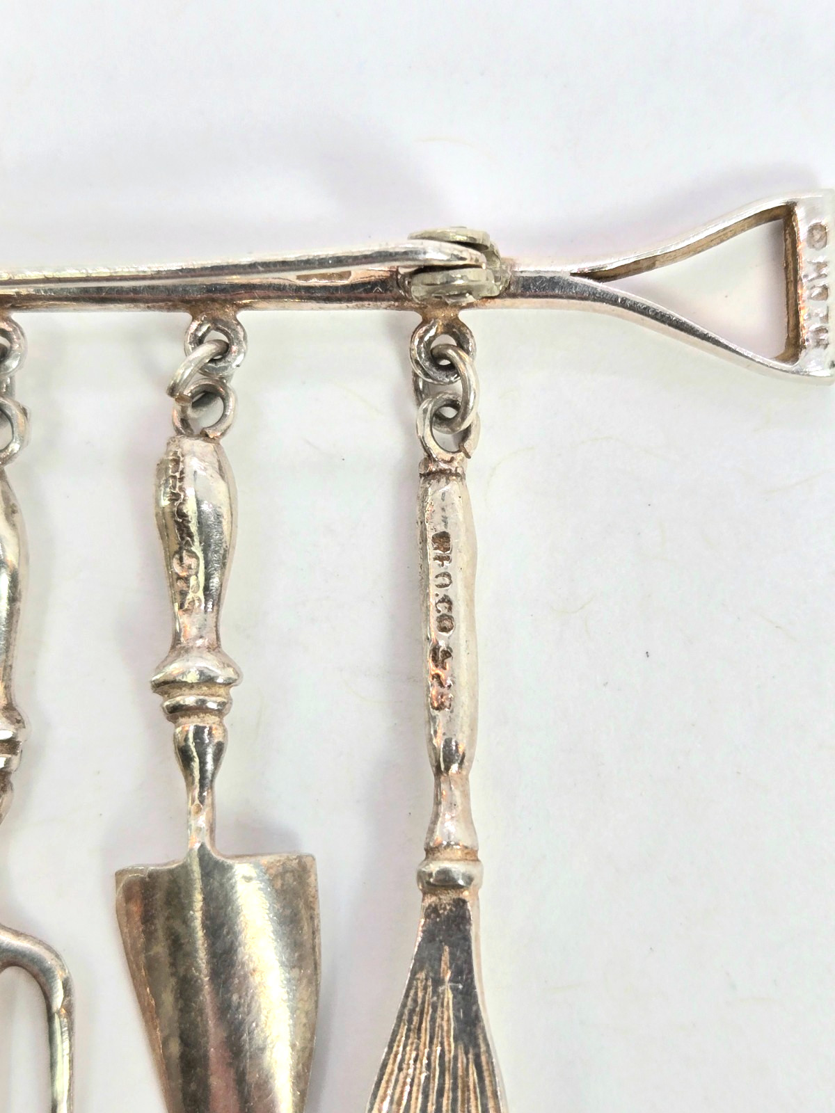 Vtg Sterling Gardening Brooch Pin Spade Trowel Fork Dangle Charm 925 Silver MEOW