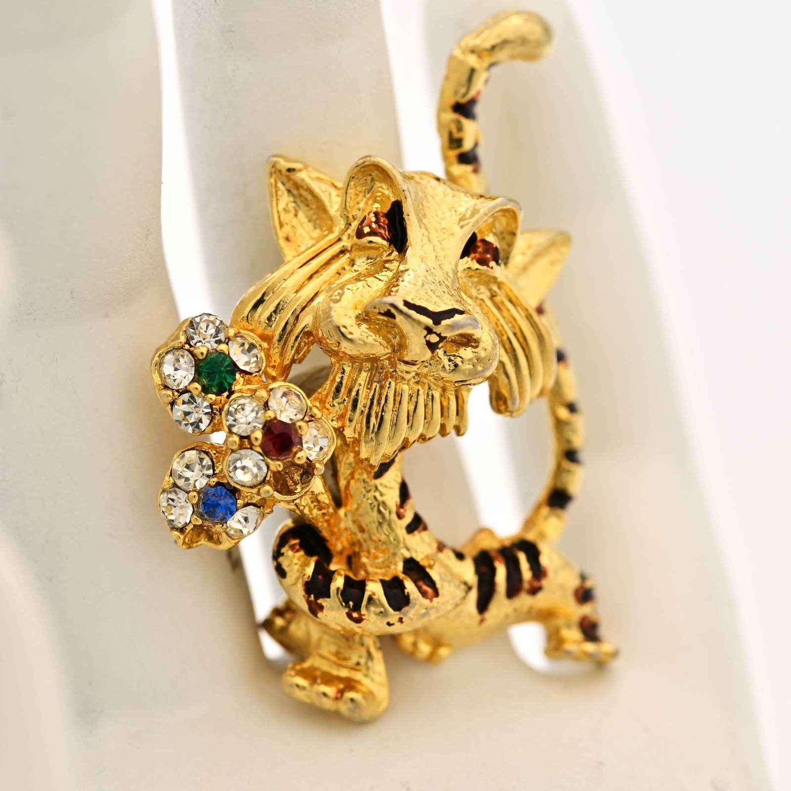 J MAZER Original Vintage Multi Rhinestone Enamel Estate Flower Tiger Brooch Pin