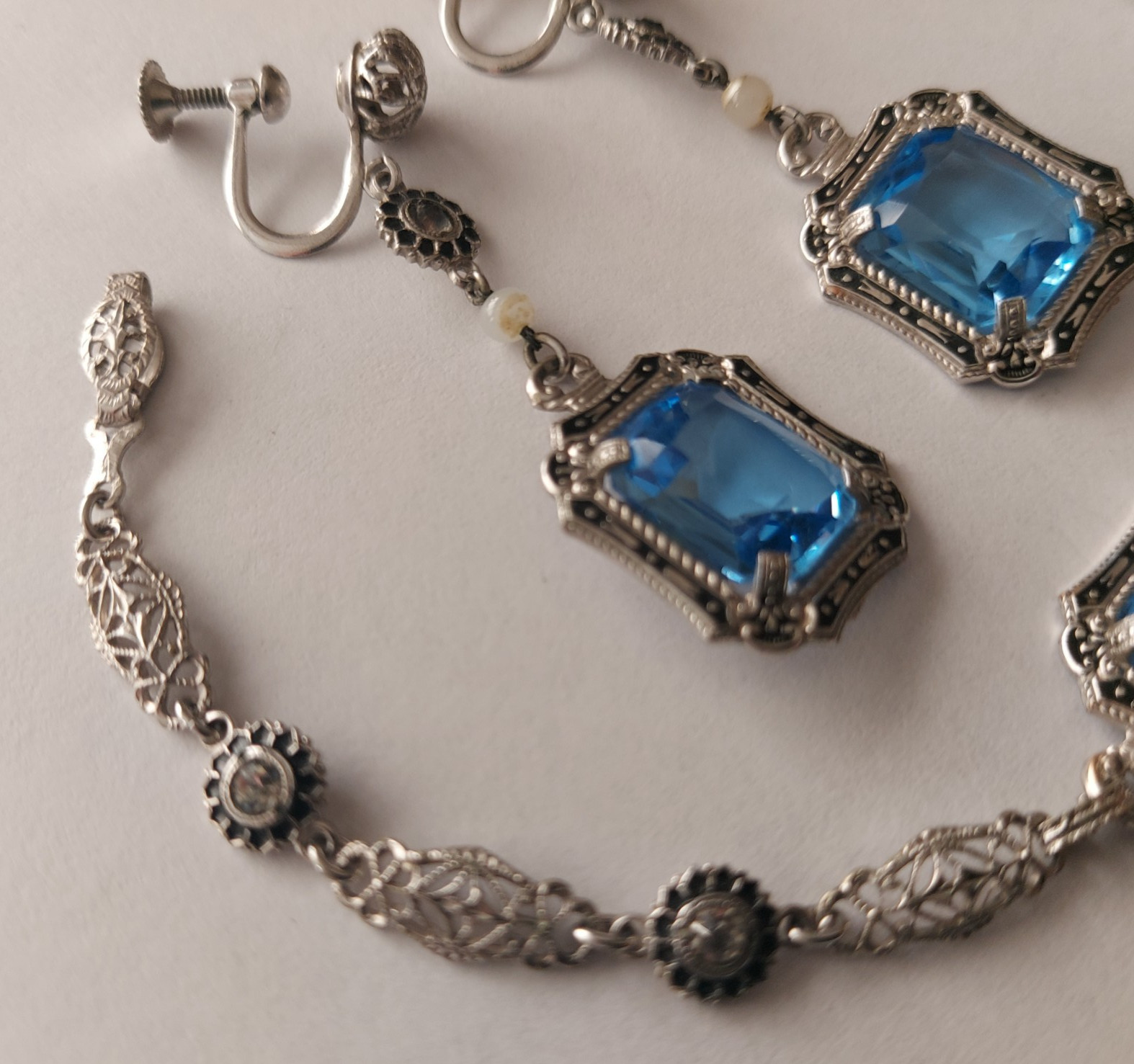 Antique Art Deco Blue Faceted Glass Ornate Filigree Bracelet & Earrings Set