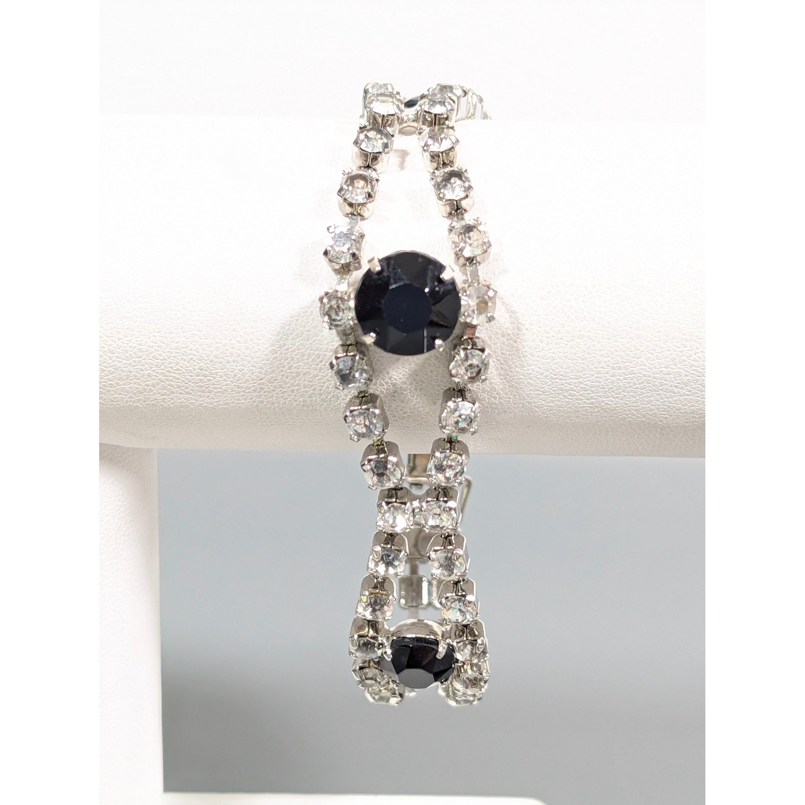 Vintage Black Clear Rhinestone Bracelet Silver Tone Glass Stones 7 Inch