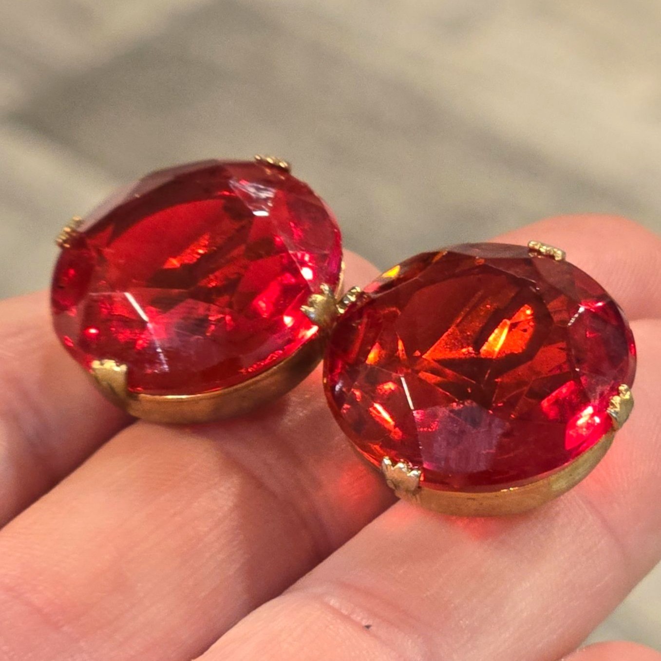 Vintage Red Faceted Glass Clip On Earrings Statement jewelry Glam Retro elegant