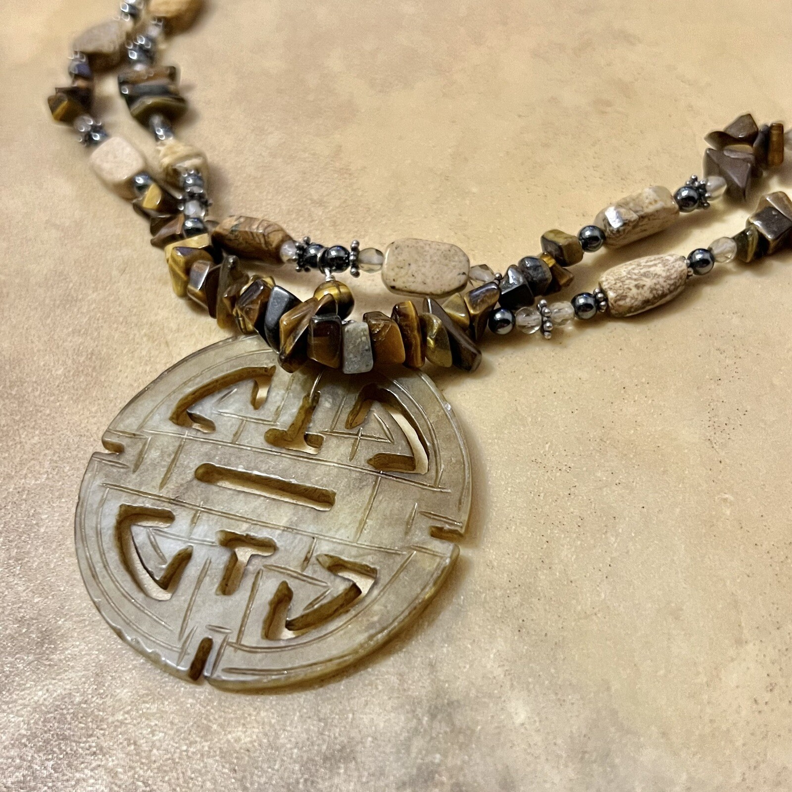 Vintage Asian Jade Carved Stone Pendant, Tigers Eye Beads, Sterling Silver Clasp