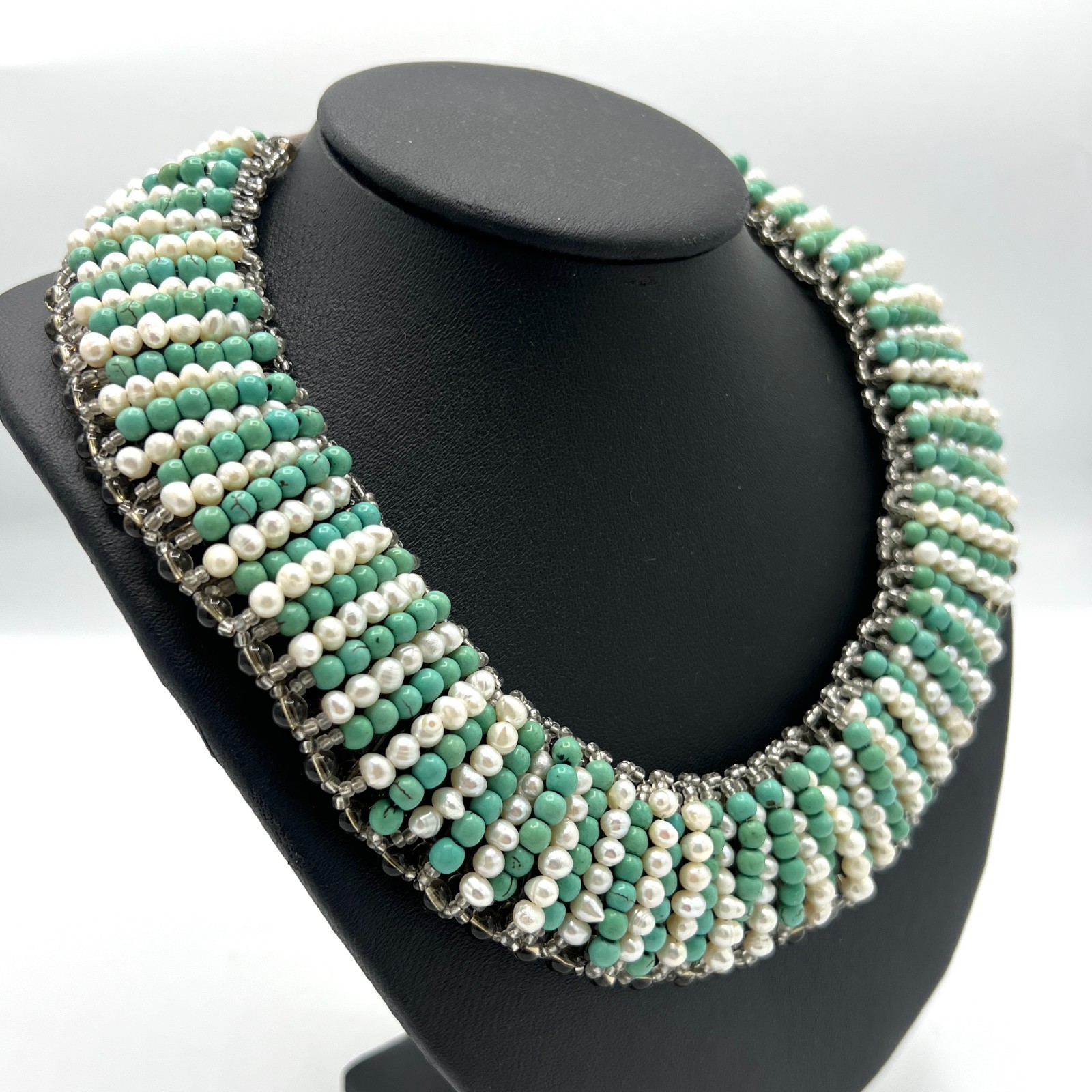 Vintage Turquoise & Freshwater Pearl Collar Necklace Sterling Silver 925 Clasp