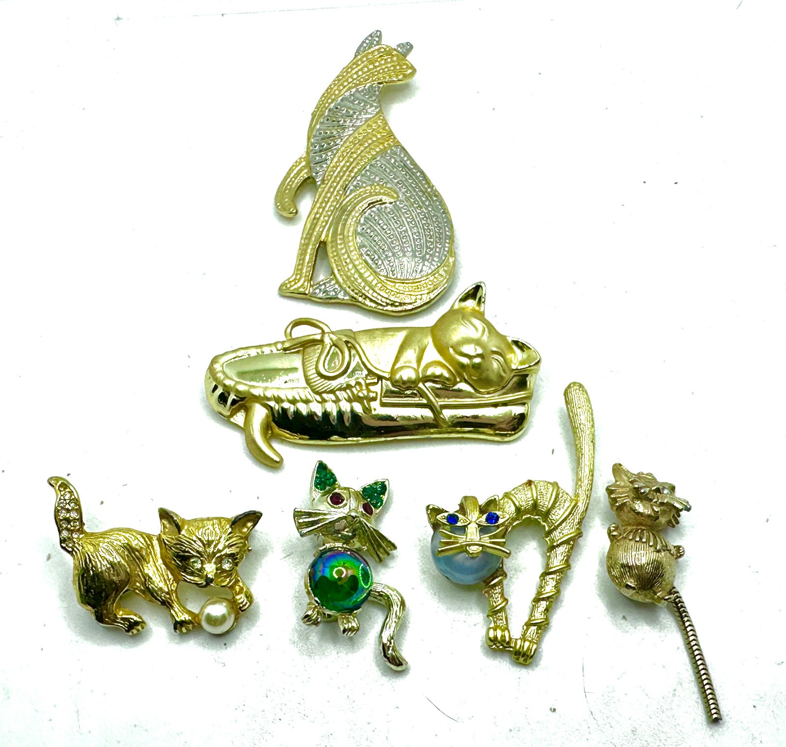 Lot Fun Gold Tone CAT Brooches, Jelly Belly, Rhinestone, Park Lane, AJC, Coro