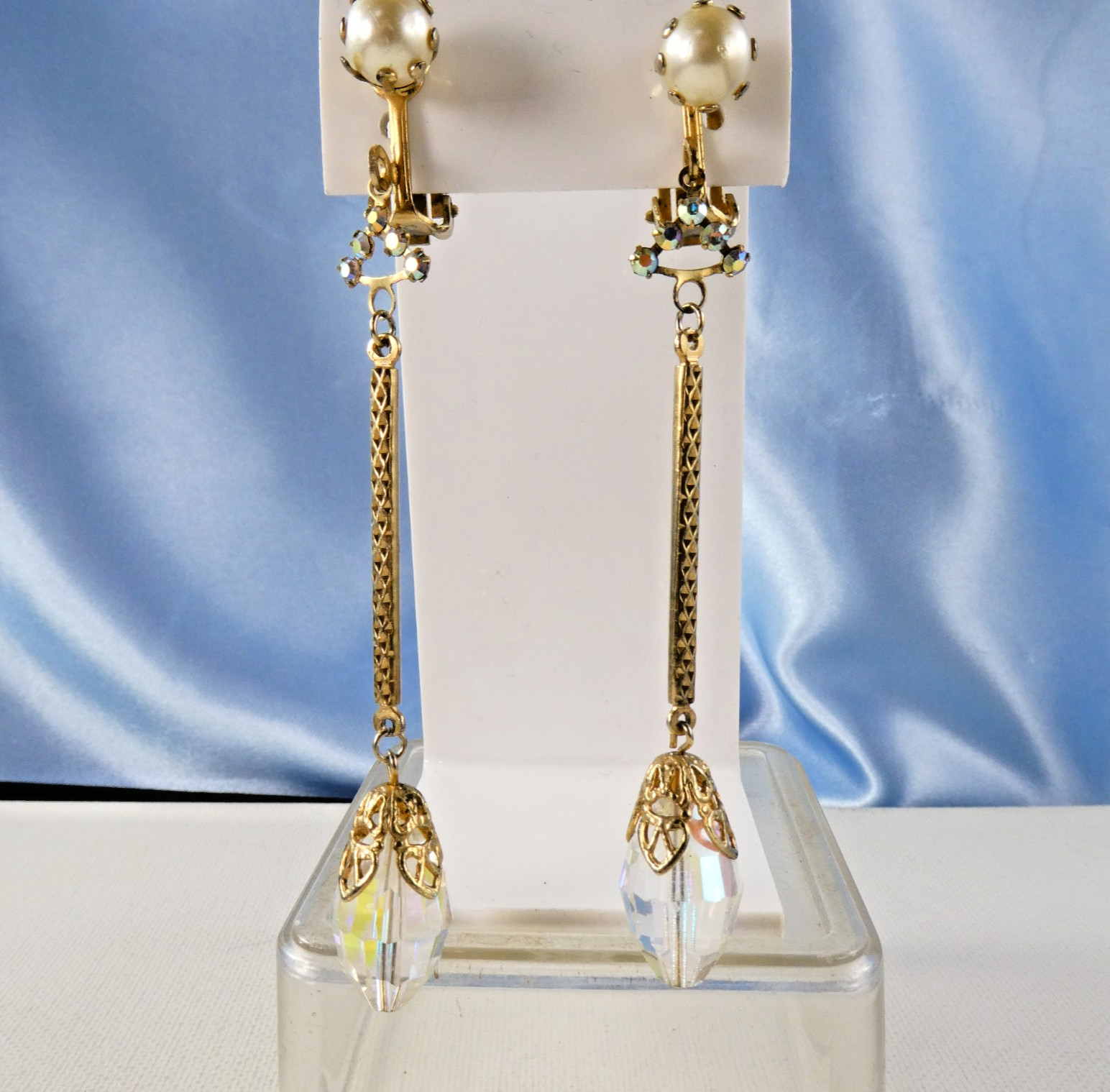 Vintage LONG Crystal Drop Dangle Earrings Clip On AB Glass Gold Tone