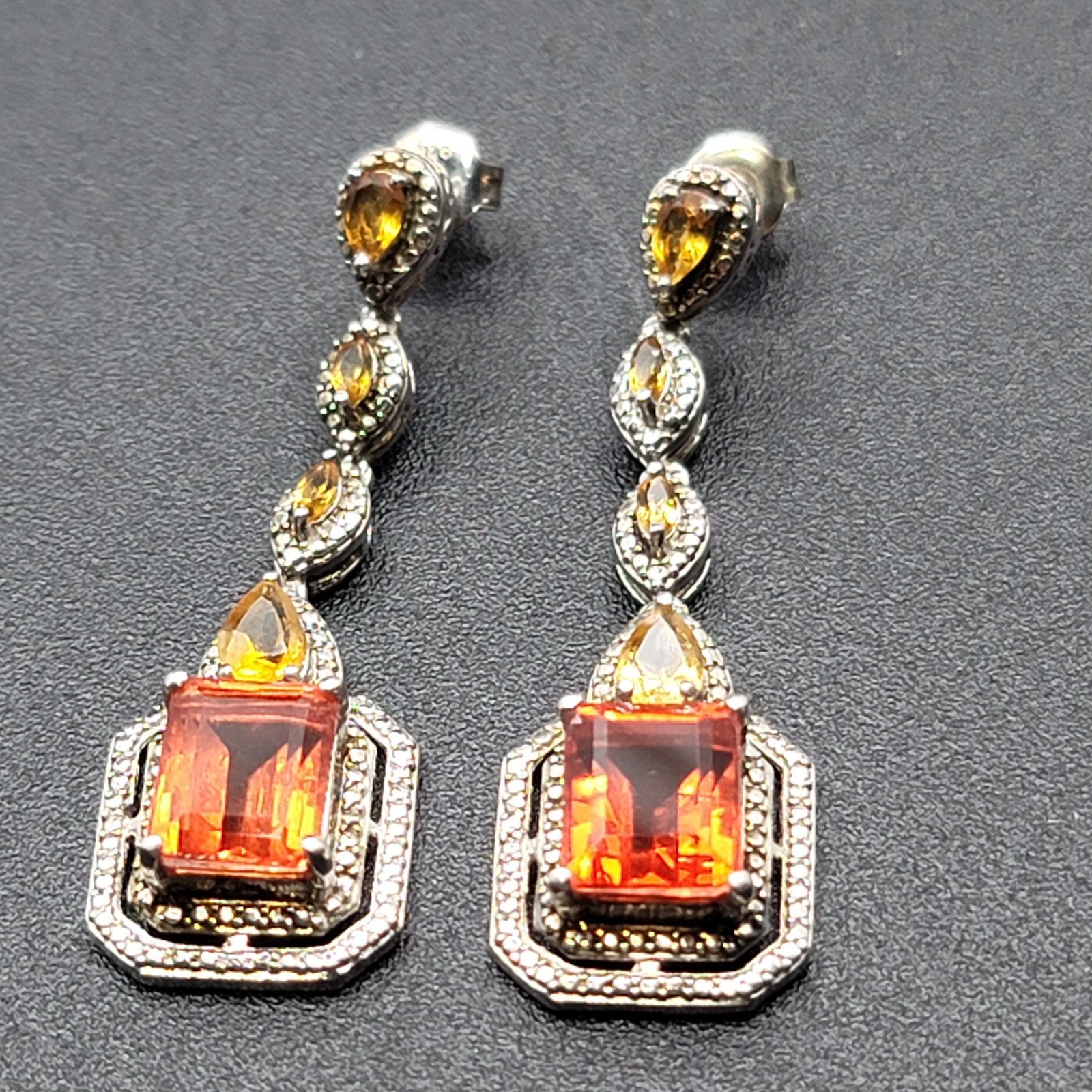 Vtg 925 STS Sterling Silver/Citrine Art Deco Pierced Post 2″Dangle Drop Earrings