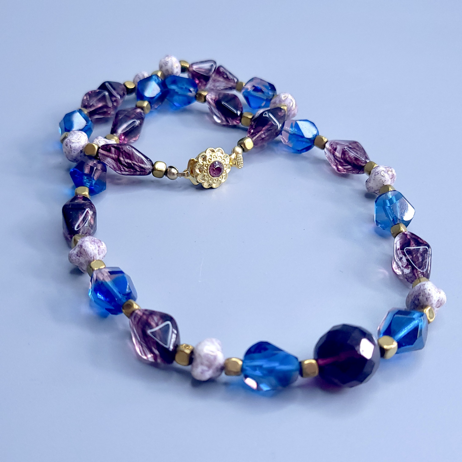 Necklace 20” Blue and Purple Glass Czech Vintage Beads Women`s Jewelry