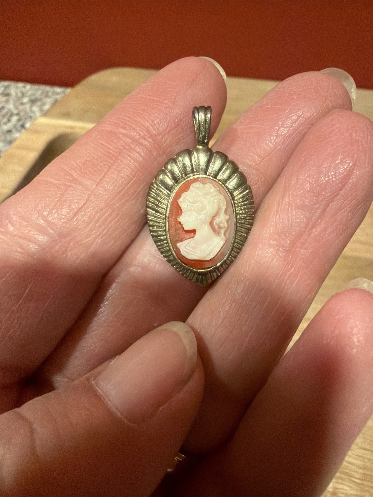 VINTAGE CAMEO LADY Gold Tone Orange & Cream Colored Carved Pendant For Necklace