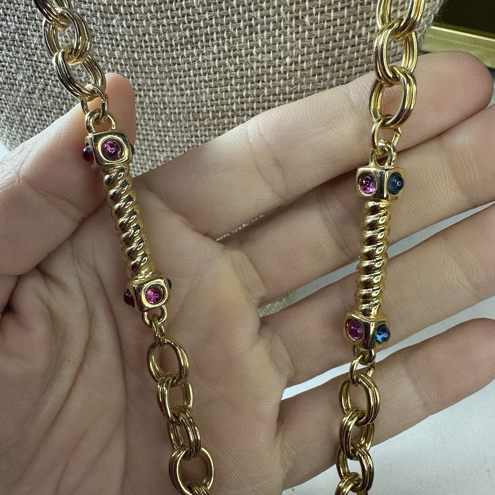 Vintage Necklace Station Bar Goldtone Chain Cabochon Colorful Royal Style 34 in